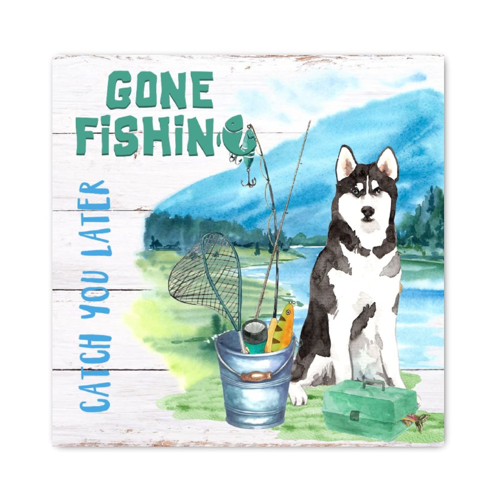 Panneau en bois Gone Fishing déco Beagle pour habiller un mur vide