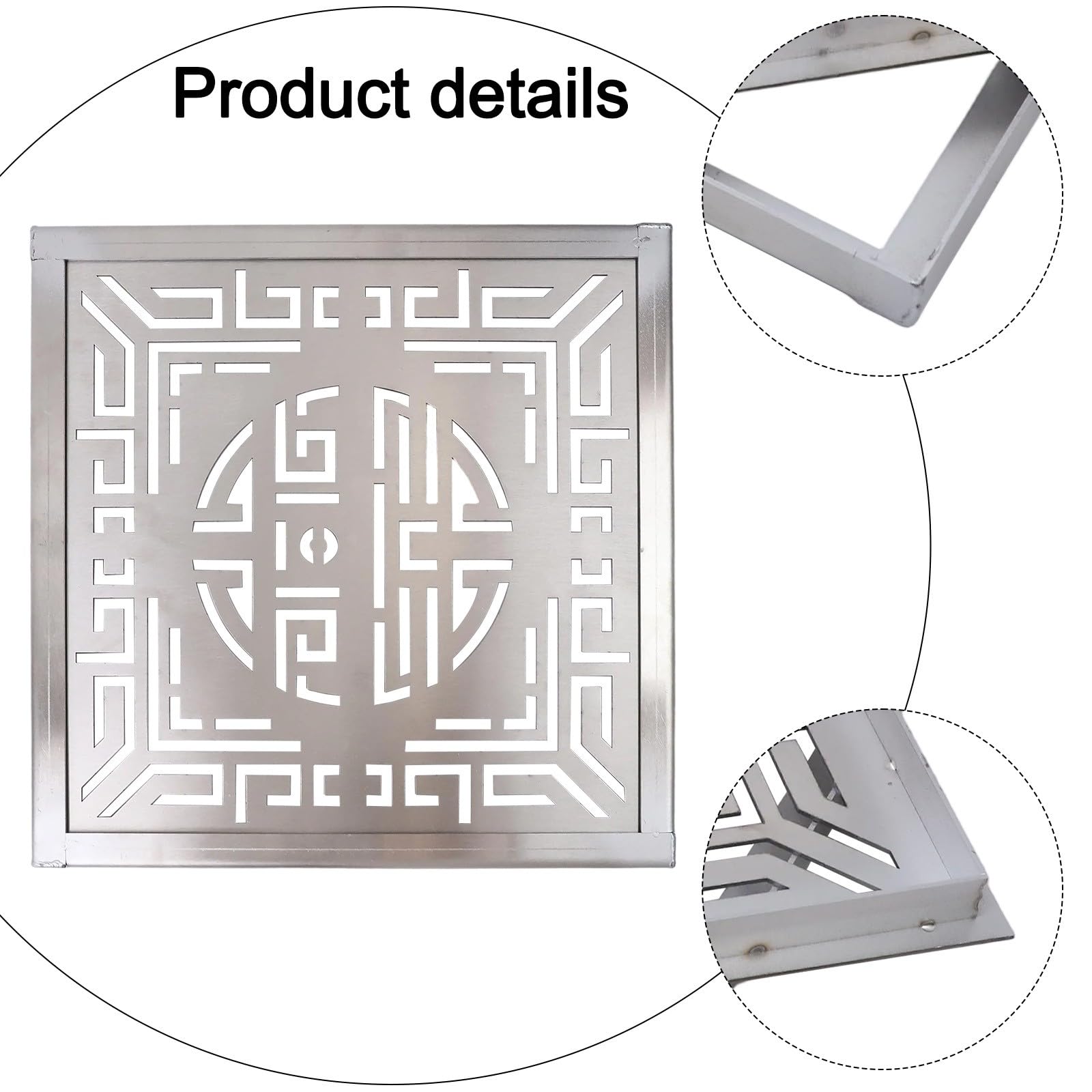 Grille de vidange en acier inoxydable avec cadre, 300 x 300 mm, pour eau de pluie, allée et jardin, argenté