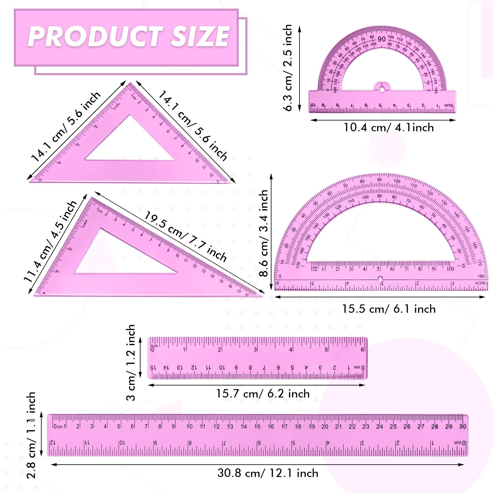 Tenare 6-teiliges Kunststoff-Lineal, Mathematik-Set, enthält 30,5 cm, 15,2 cm, gerades Lineal, Winkelmesser, Dreieckslineal, Geometrie, transparentes Mathematik-Lineal, Messwerkzeuge für Schule, Büro,