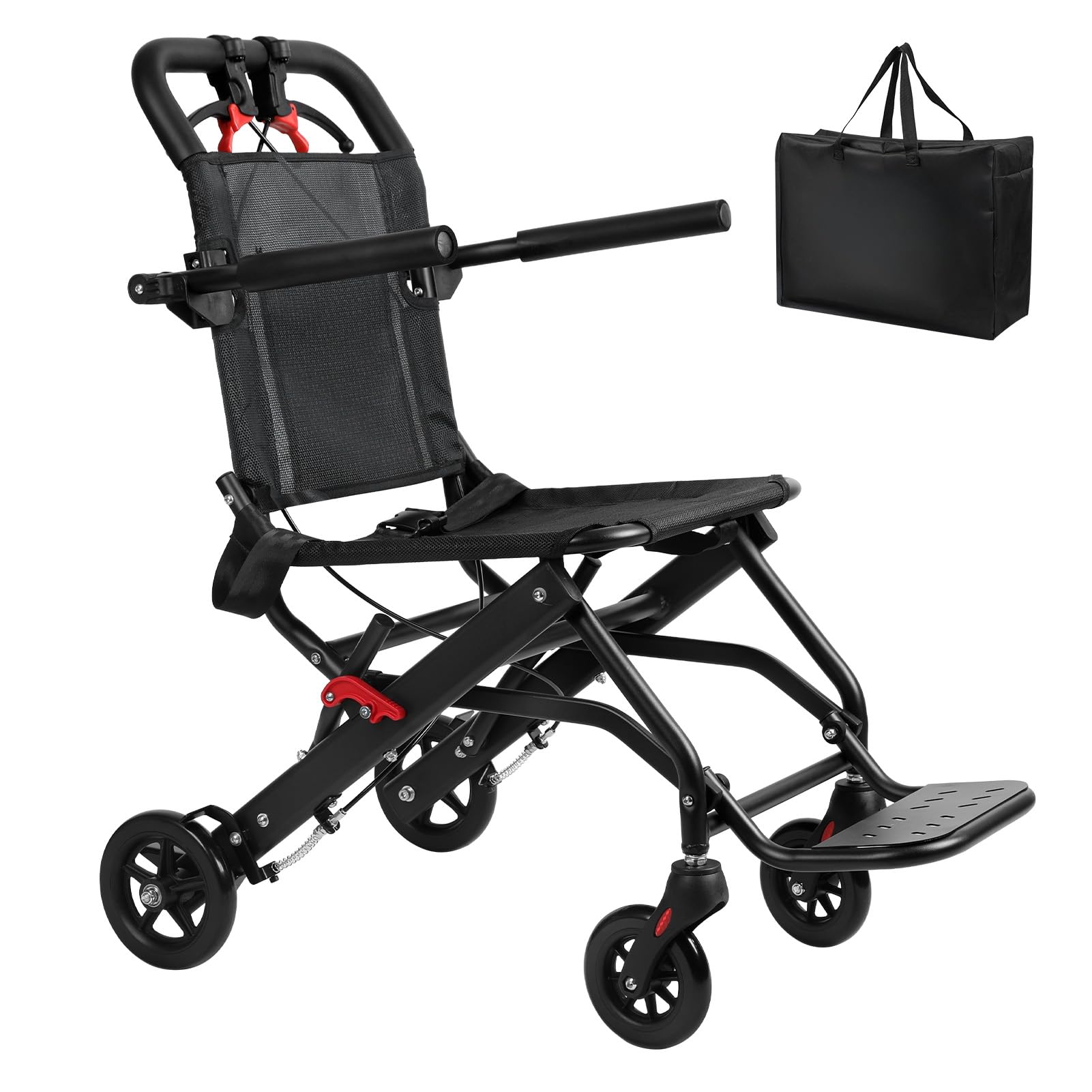 Sedie a rotelle leggere per adulti, sedia a rotelle pieghevole portatile da viaggio sedia a rotelle con borsa freni a mano assorbimento degli urti supporti antiscivolo 129,7 kg per anziani e adulti