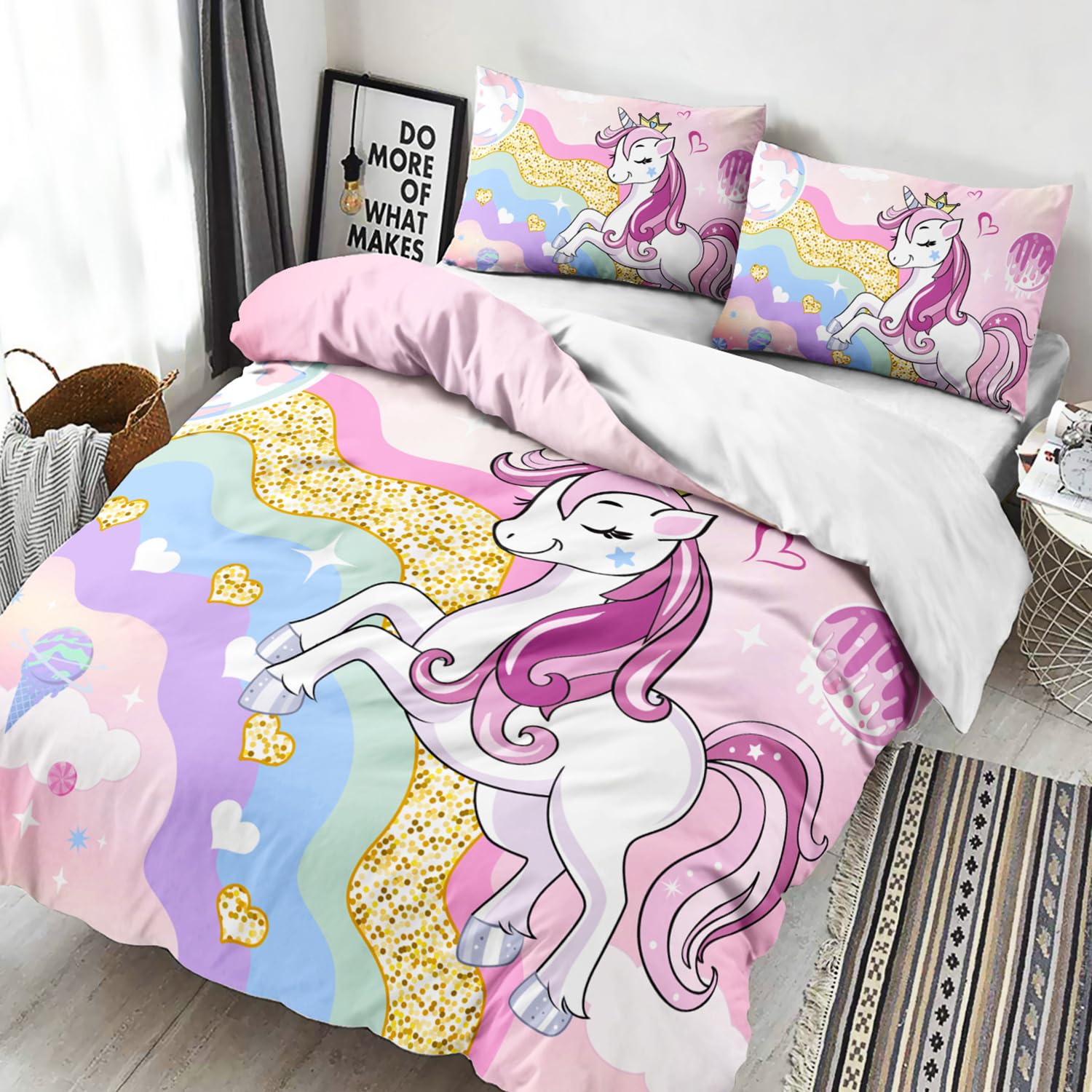 3D Gedruckt Einhorn Bettwäsche, Bunte Bettwäsche Set Geeignet für Kinder/Mädchen/Erwachsene bettwäsche 135 * 200cm,80 * 80cm*1 EDBTTAF021