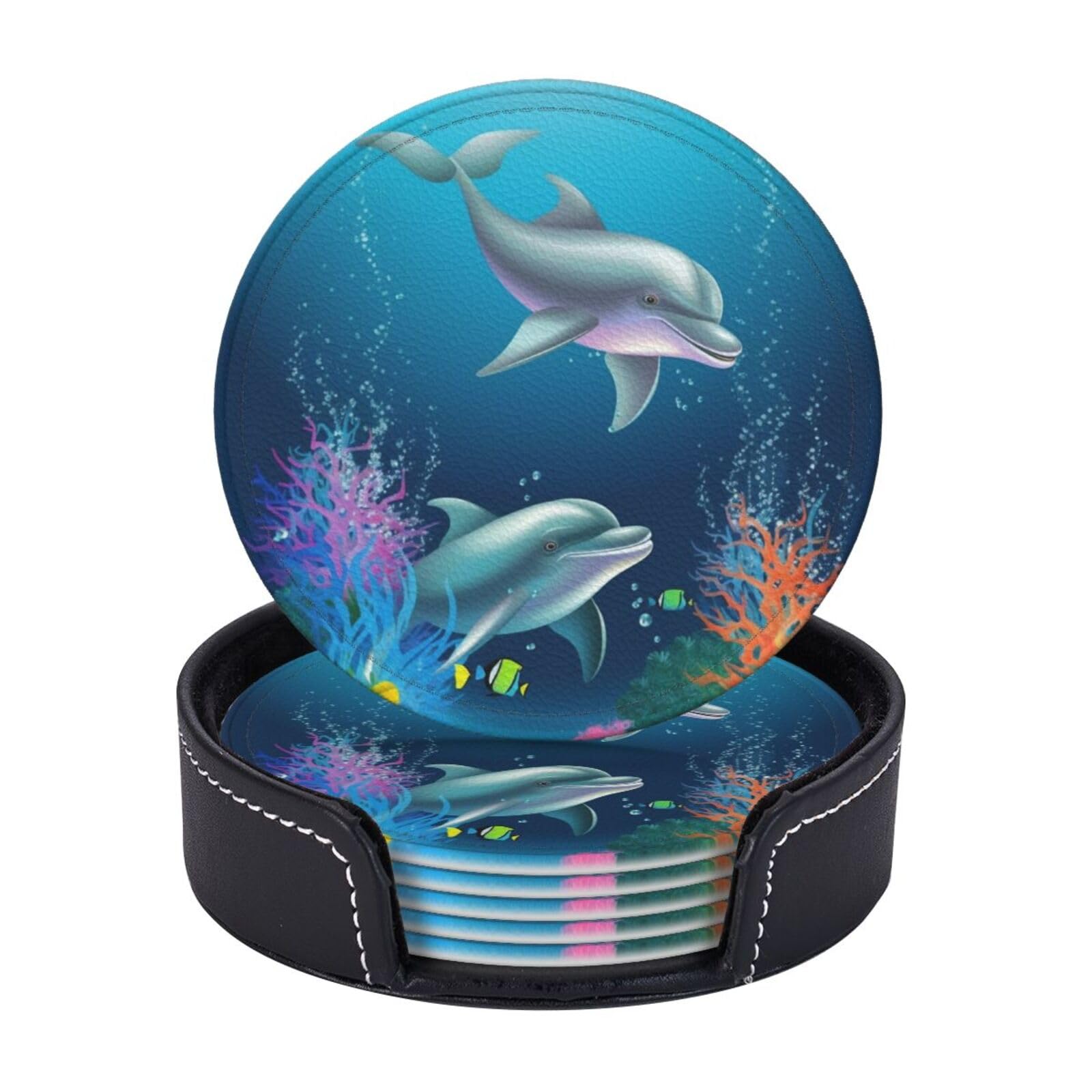 Round Coasters for Drinks Set of 6 - PU Leather Coasters with Holder - Modern Drink Coasters for Coffee Table - Dolphin and Fish Coaster for Tabletop Protection 4" Cup Mat Pad