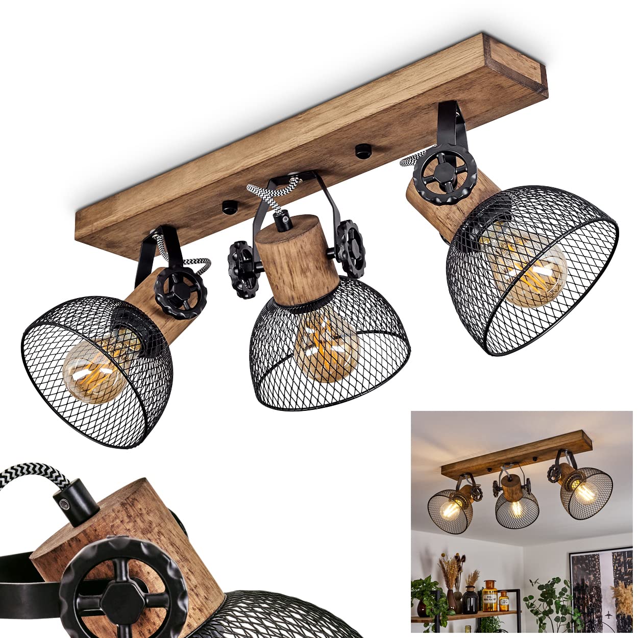 Hofstein Black Ceiling Light Orny, Ceiling Lamp In Vintage Design Made Of Wood/Metal In Brown/ With Lampshades In Lattice Optic, With Wooden Beams, Textile Cables And Adjustable Spotlights, 3Xe27, Without Bulbs