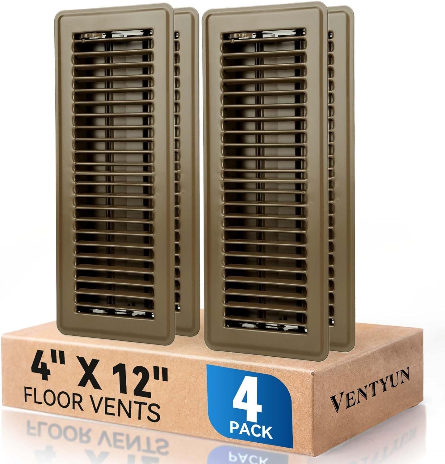 VENTYUN 4x12 Floor Vent Covers 4-Pack - Adjustable Powder-Coated Metal Registers, Safe Curved Edges, Walkable for Floor/Wall, Brown