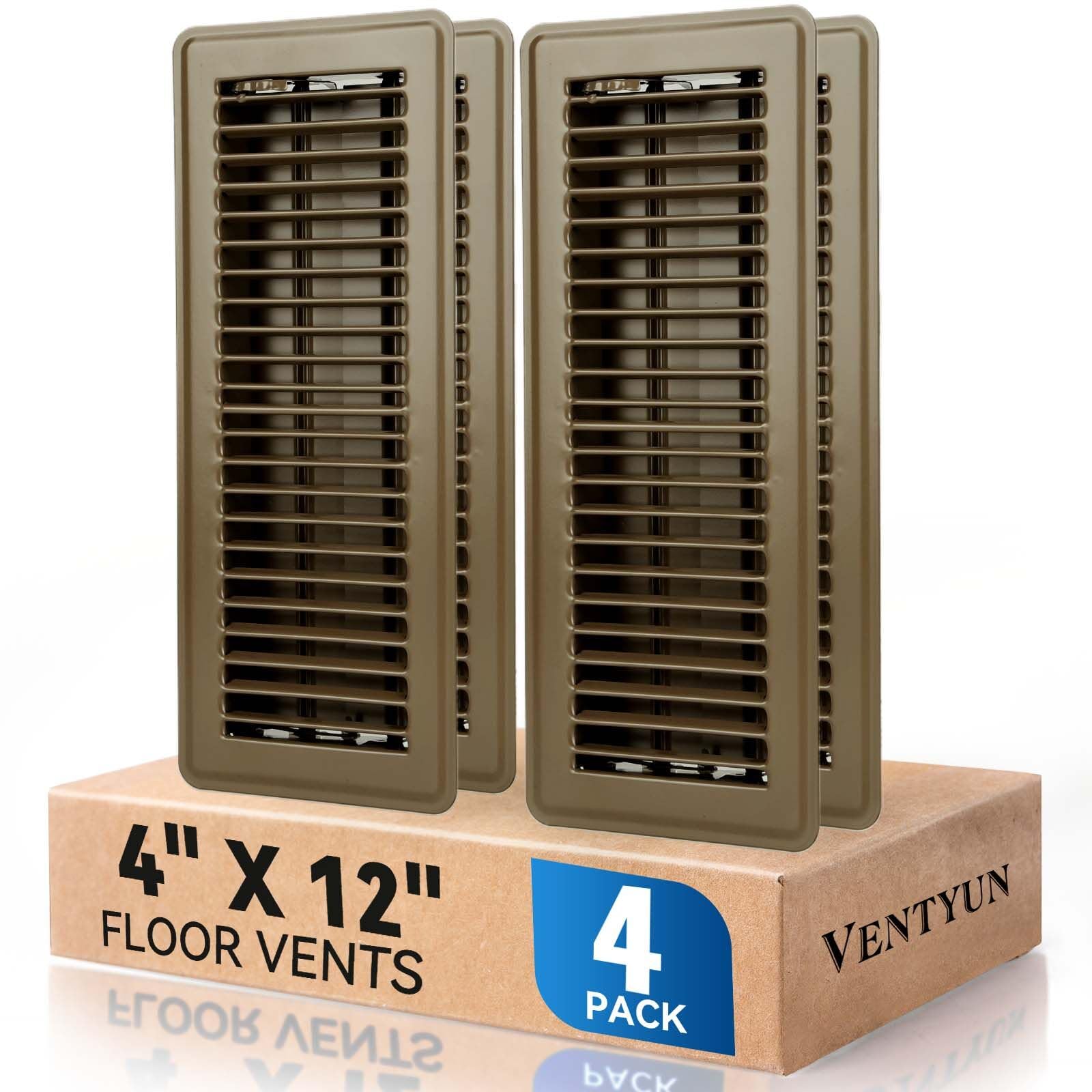 Photo 1 of 4" x 12" Floor Register Vent Covers 4-Pack, Walkable Powder-Coated Metal Vent Covers with Adjustable Airflow, Curved Safe Edges for Floor/Wall, Brown