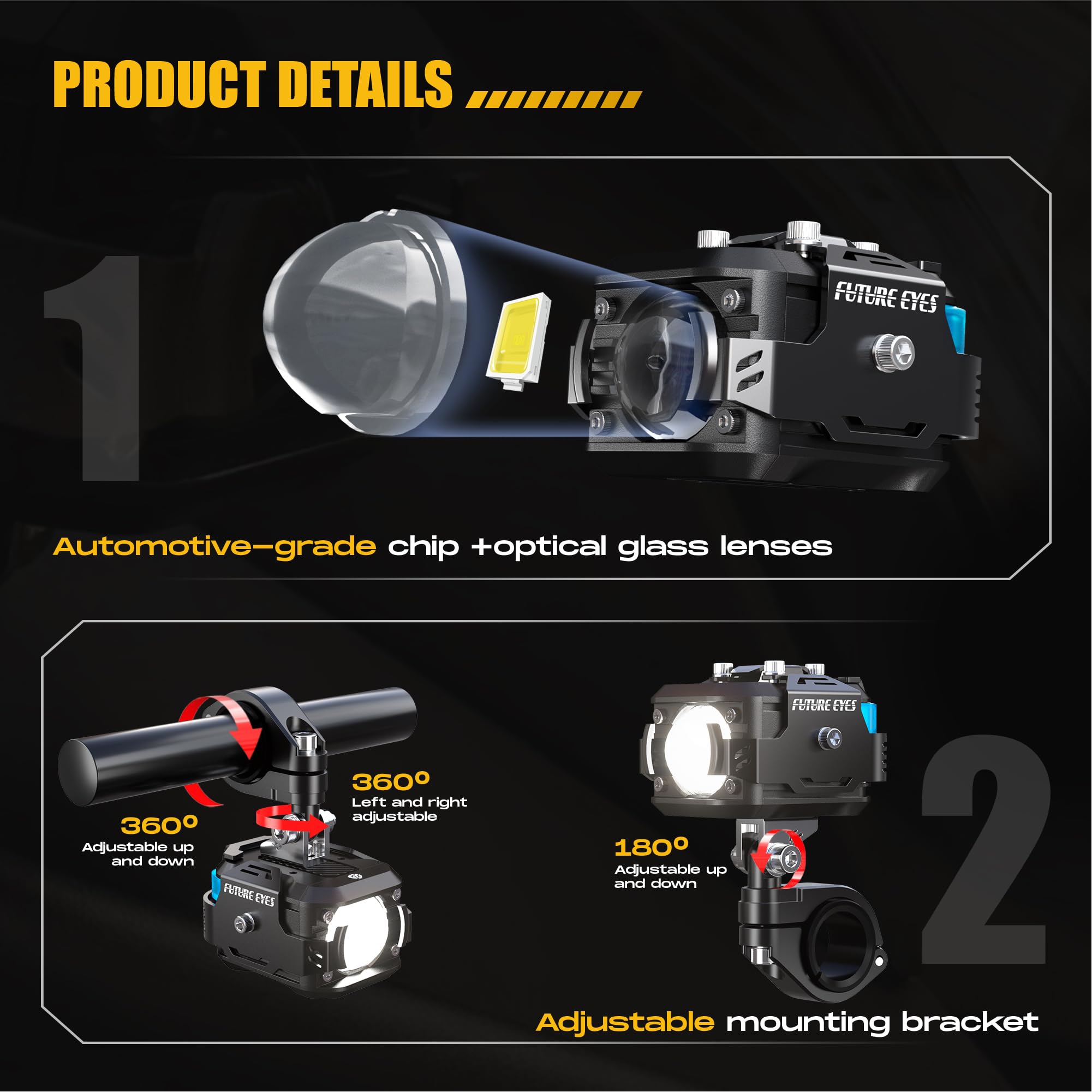 Future Eyes Motorrad Zusatzscheinwerfer LED 60W 6000LM, Weiße Motorrad Nebelscheinwerfer mit Hoch/Niedriglicht, CNC-Aluminium Wasserfeste Tagfahrlicht