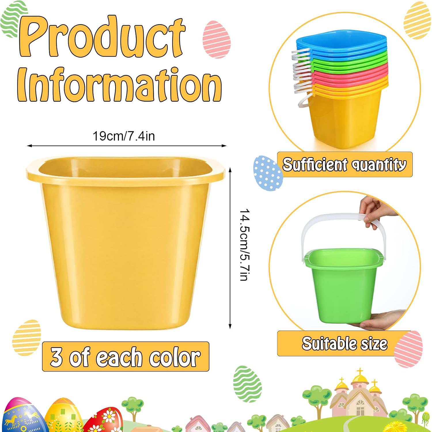FillTouch 12 Pack 7.5 Inch Easter Buckets for Egg Hunt with Raffia Grass Plastic Easter Basket with Handles Colored Square Pails Bulk for Party Favors Themed Supplies Festive Decorations Friend Gift
