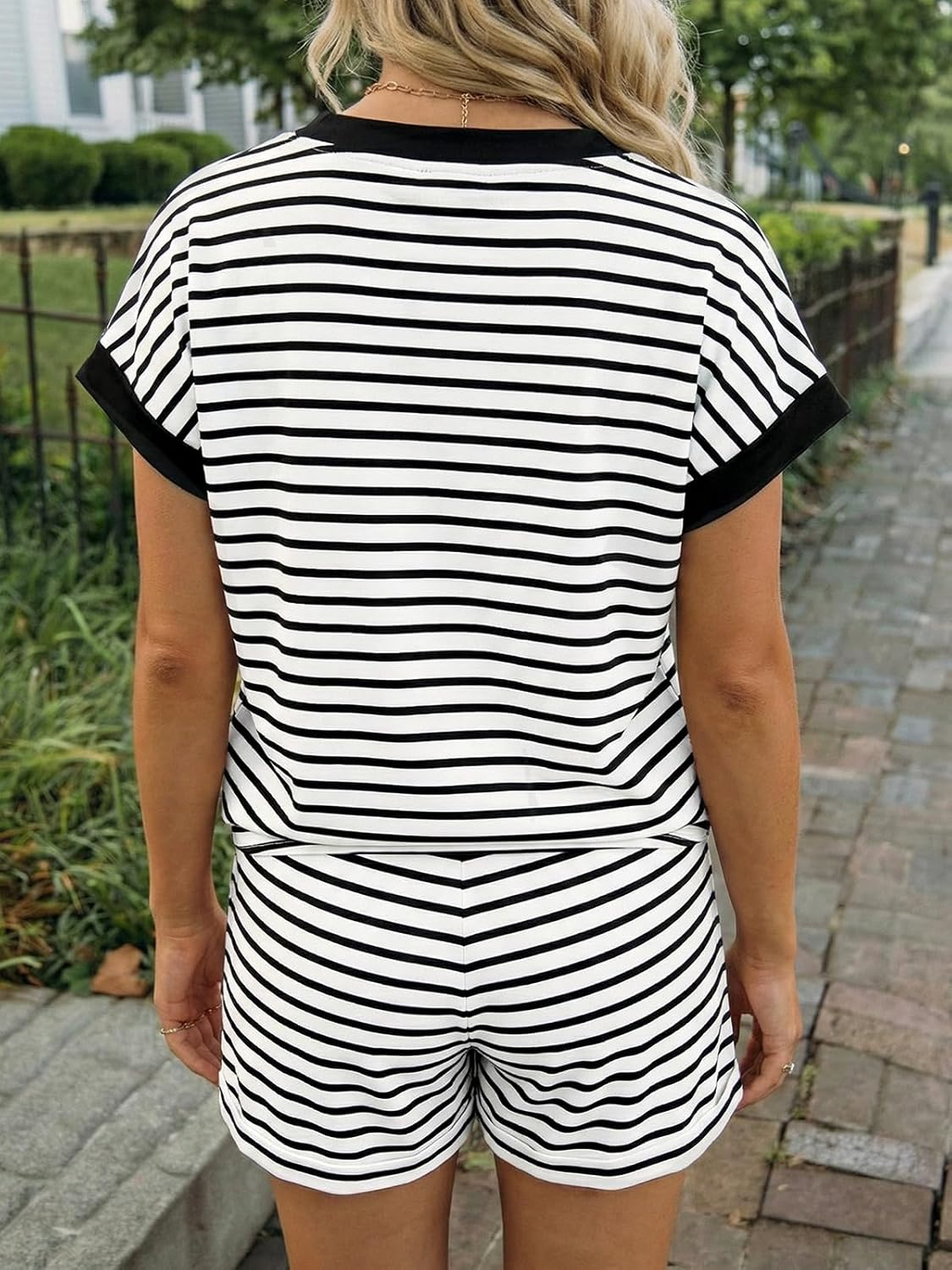 Fisoew Womens Striped 2 Piece Outfits Casual Button Henley Shirts Tops Loose Workout Shorts Matching Lounge Sets - Image 5