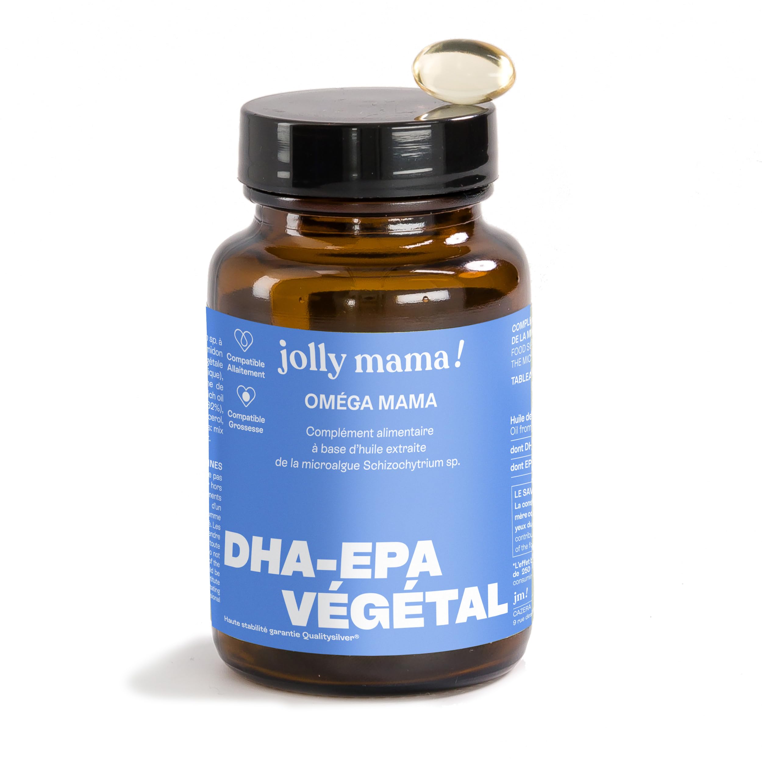 Jolly mama! Oméga Mama | DHA-EPA Végétal | Hautement Assimilable | Favorise le développement cérébral du bébé pendant la grossesse et l’allaitement | Fabriqué en France | 30 Gélules