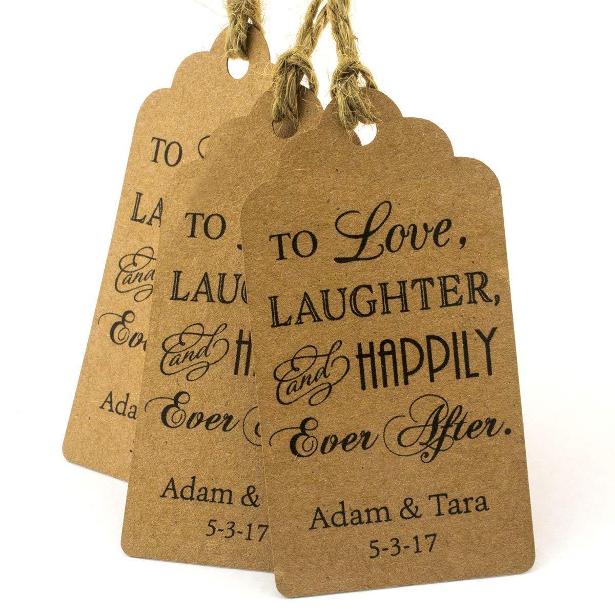 50 Pezzi Di Tag Personalizzati Per Regali Nozze Con Tema Love Laughter Happiness – Mini Chiudipacco Kraft Con Spago Incluso
