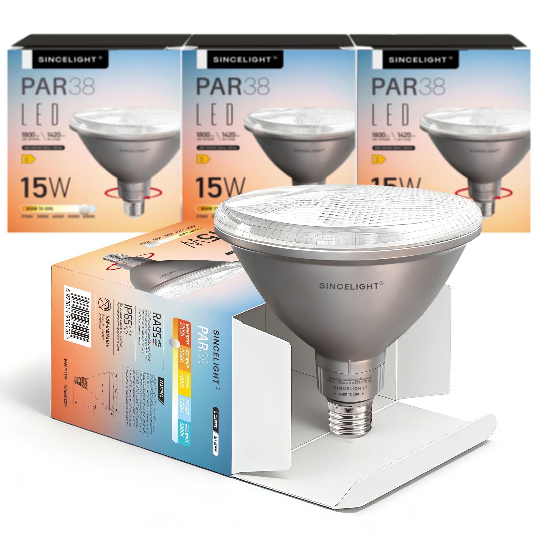 SINCELIGHT PAR38 Lampadina a LED con Attacco E27, 15W (180W Equivalenti), da Bianco Caldo a Bianco Freddo Orientabile (2700K-6000K), CRI 95, 1800lm, Impermeabile IP65, Confezione da 4