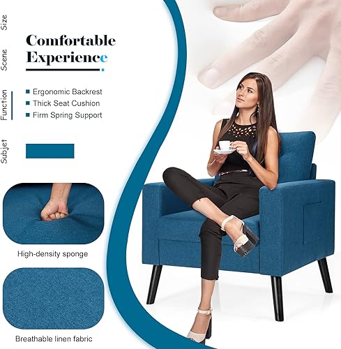 Miniatura 14 de KOMFOTT Silla decorativa tapizada moderna, con botones y patas de madera de goma, sofá individual con bolsillos laterales, sillón decorativo de tela