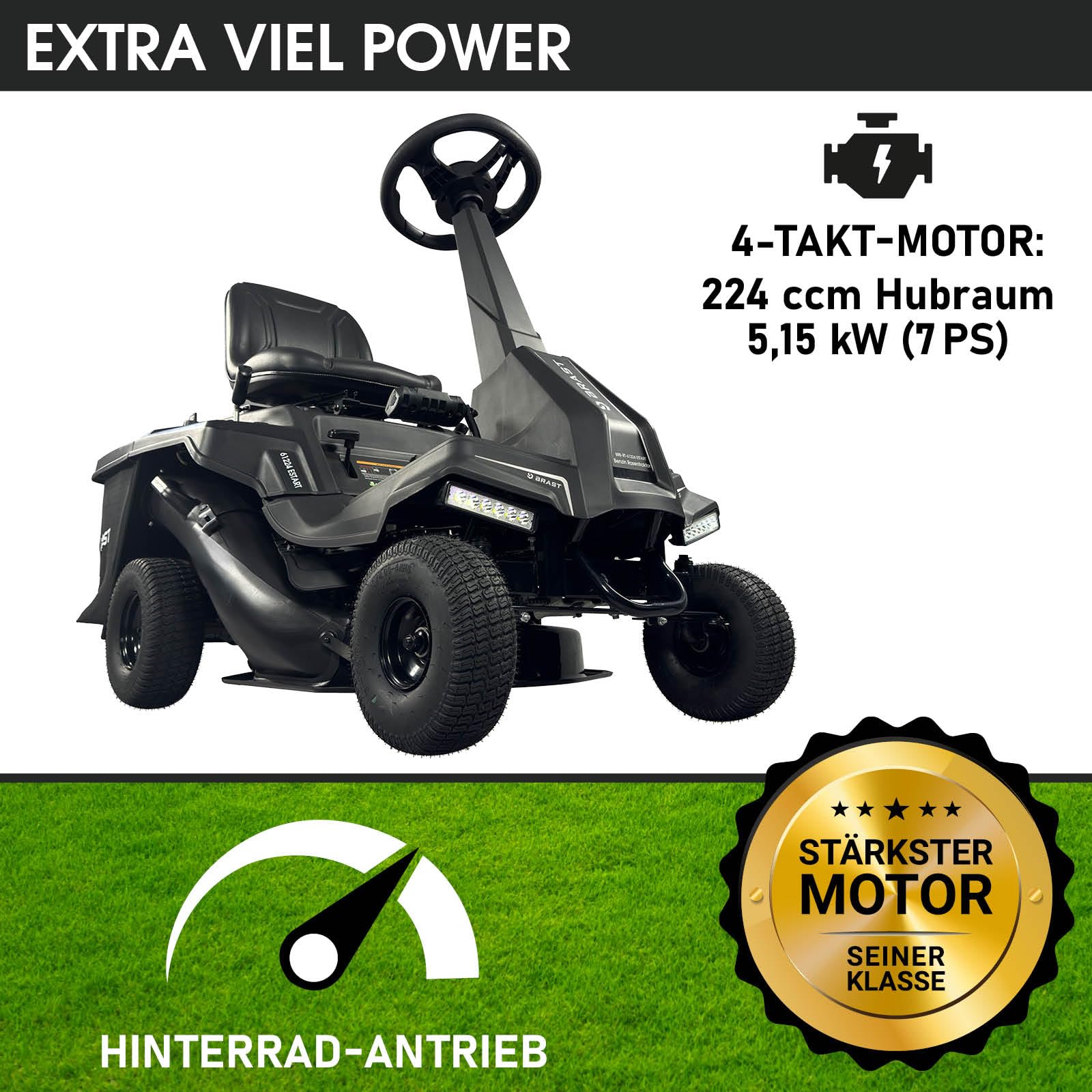 BRAST® Rasentraktor Benzin Aufsitzmäher | 5,15kW(7PS) | Elektrostart | XXL Schnittbreite 61cm | TÜV geprüft | Variable Geschwindigkeit | 150L Fangkorb | für mittlere bis große Rasenflächen