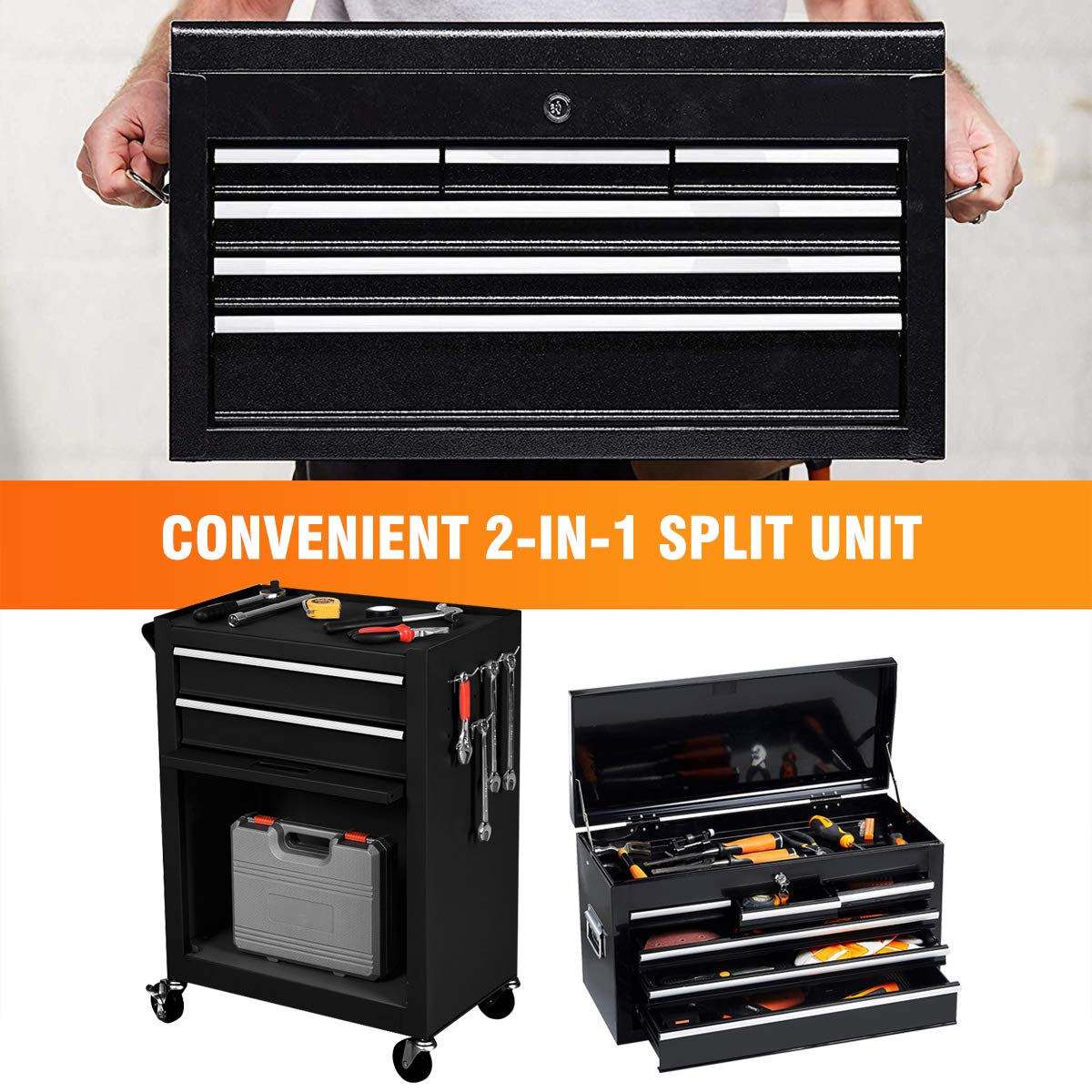 8Drawer Rolling Tool Chest, Lockable Large Tool Chest with Wheels, 2