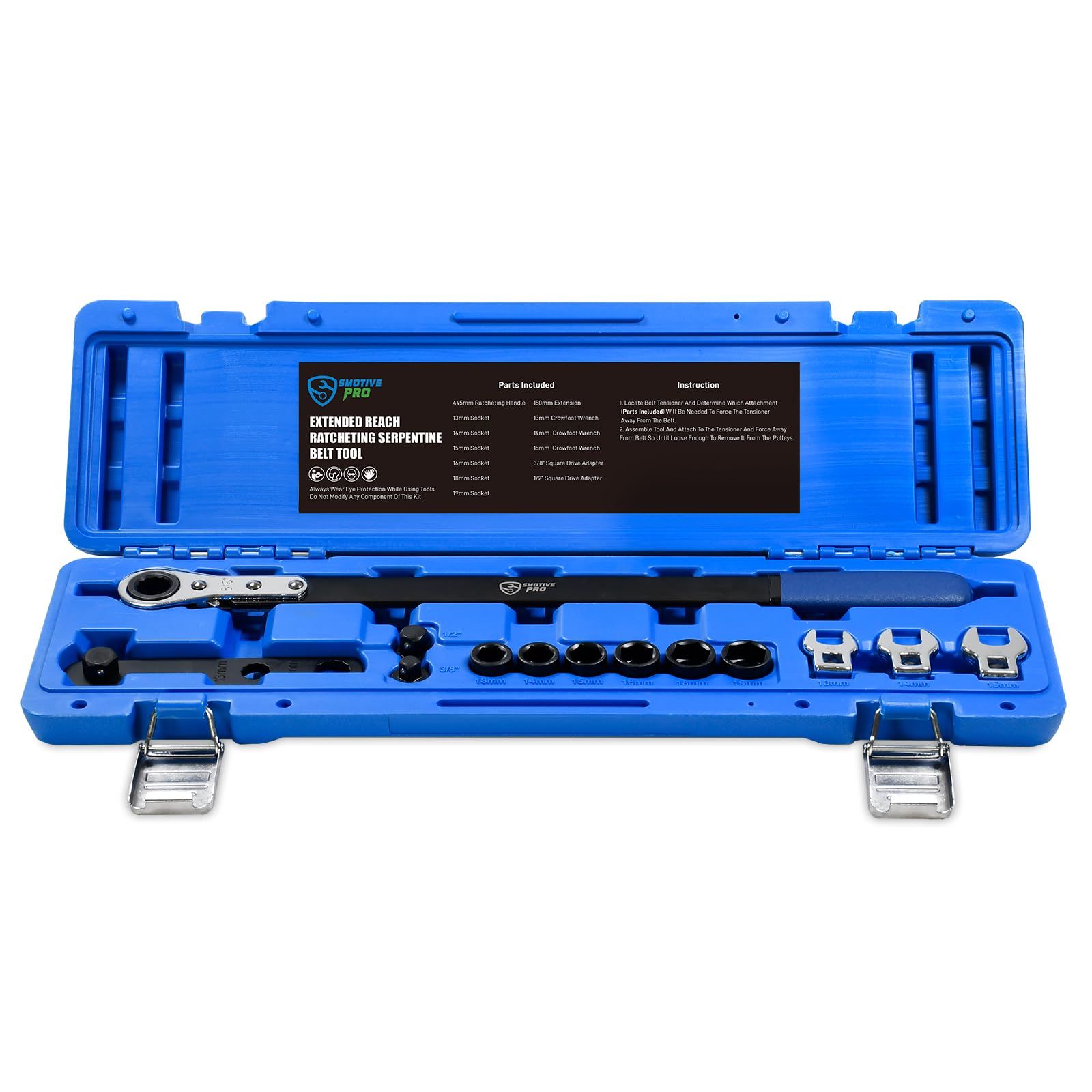 SMOTIVEPRO 13-Piece Extended-Reach Ratcheting Serpentine Belt Tool Kit with Reversible Ratcheting Wrench, Drive Adapters, 6-Point Sockets and Crowfoot Wrenches