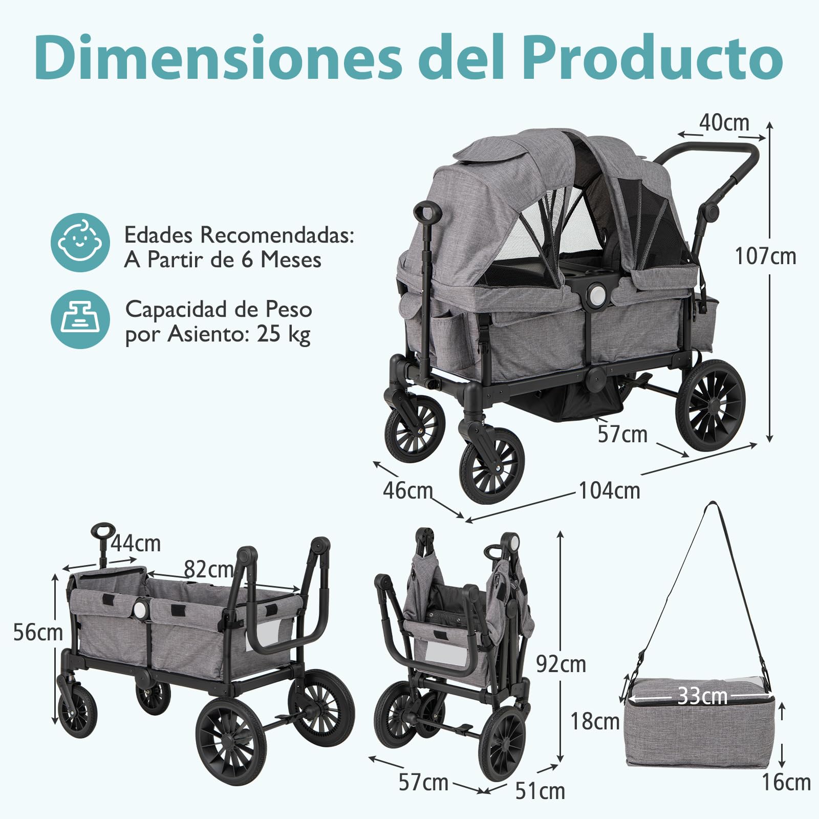 COSTWAY Carro Plegable para 2 Niños, Carga 25 kg, Cochecito Doble con Manillar Ajustable, Capota Extraíble, Portavasos, Bandeja de Comida y Arnés de 3 Puntos, Cochecito para Bebés de 6+ Meses (Gris)