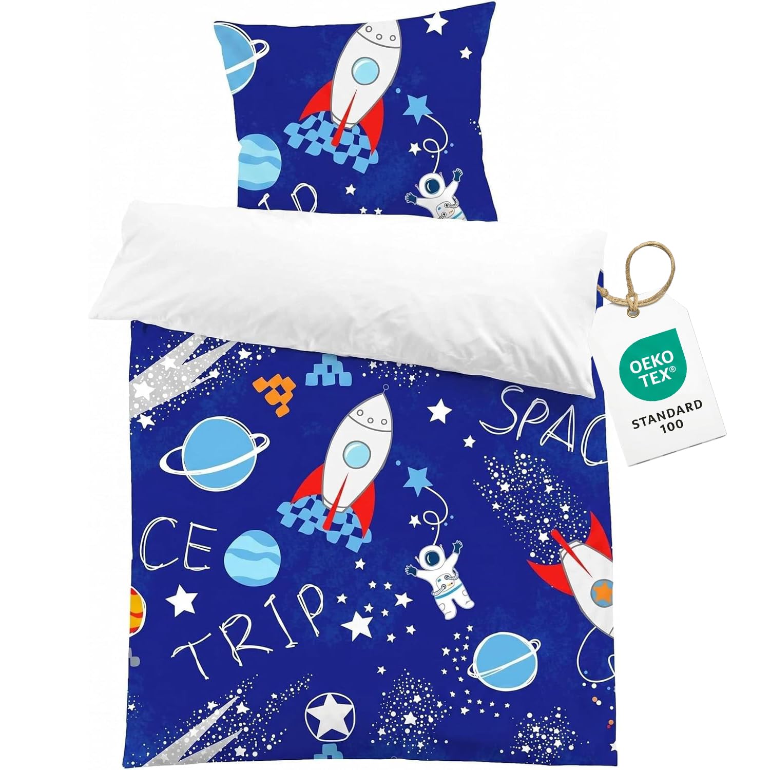 CINYE Bettwäsche Kinder 135×200 Jungen Kinderbettwäsche Mit 1 Kissenbezug 80×80 cm 3D Astronaut und Rakete Muster Blau Mikrofaser