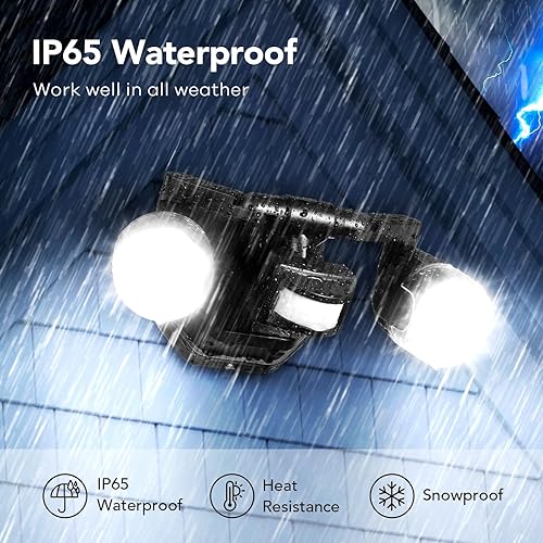 Miniatura 8 de OREiN Luz de seguridad con sensor de movimiento para exteriores, luz LED reflectora de doble cabeza ajustable, 3 modos