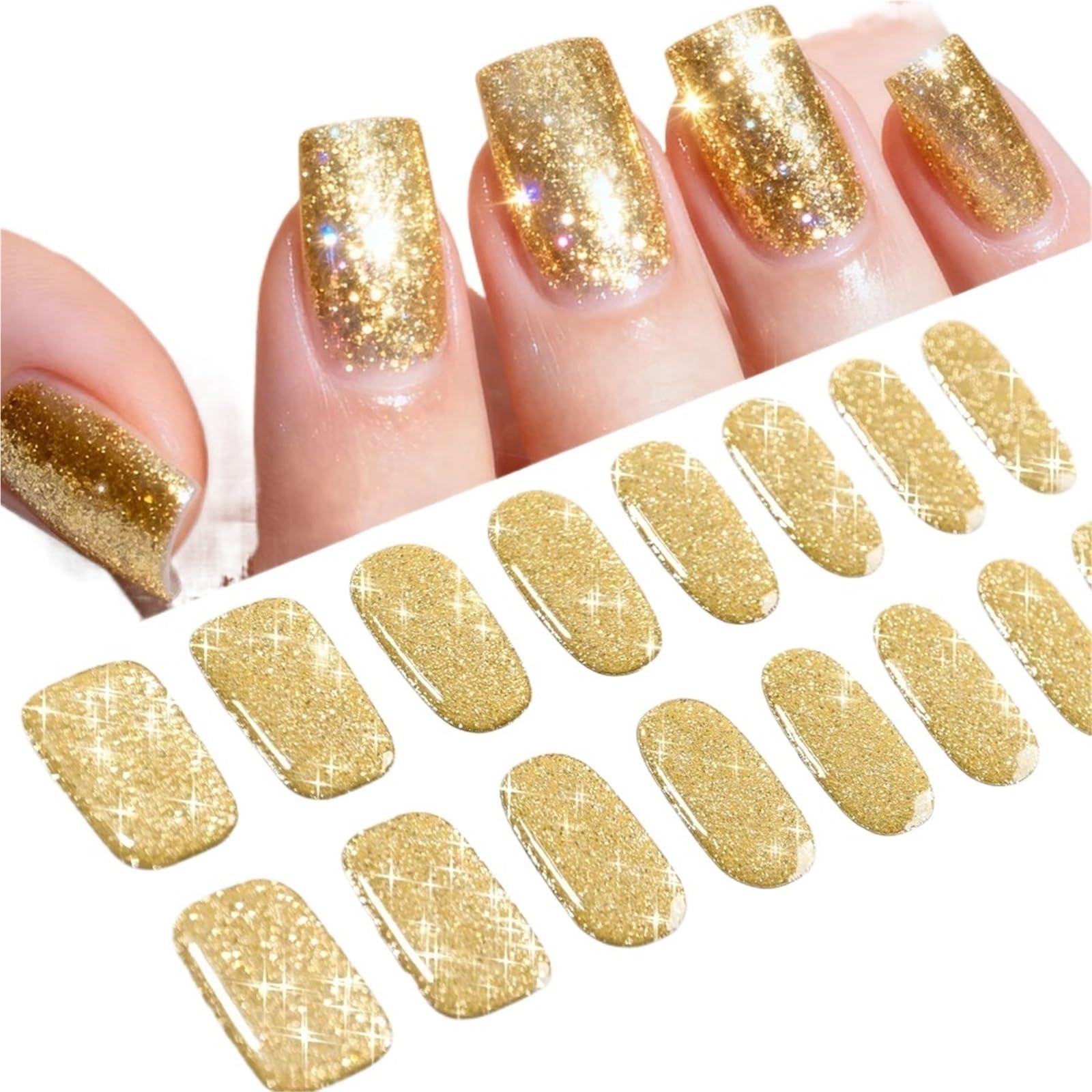 5Pcs Glitter Gold Nail Strips - Semi-Cured Self-Adhesive Full Wraps for Gel Nails with Nail File(Glitter Gold)