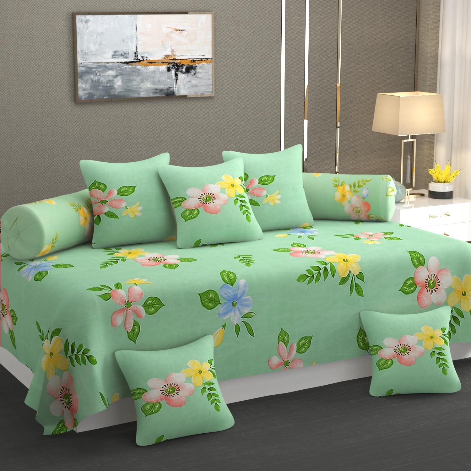 generic Diwan Set Covers, 8 Pieces, Pure Cotton, Floral Print, Standard Size, Green-picture-13