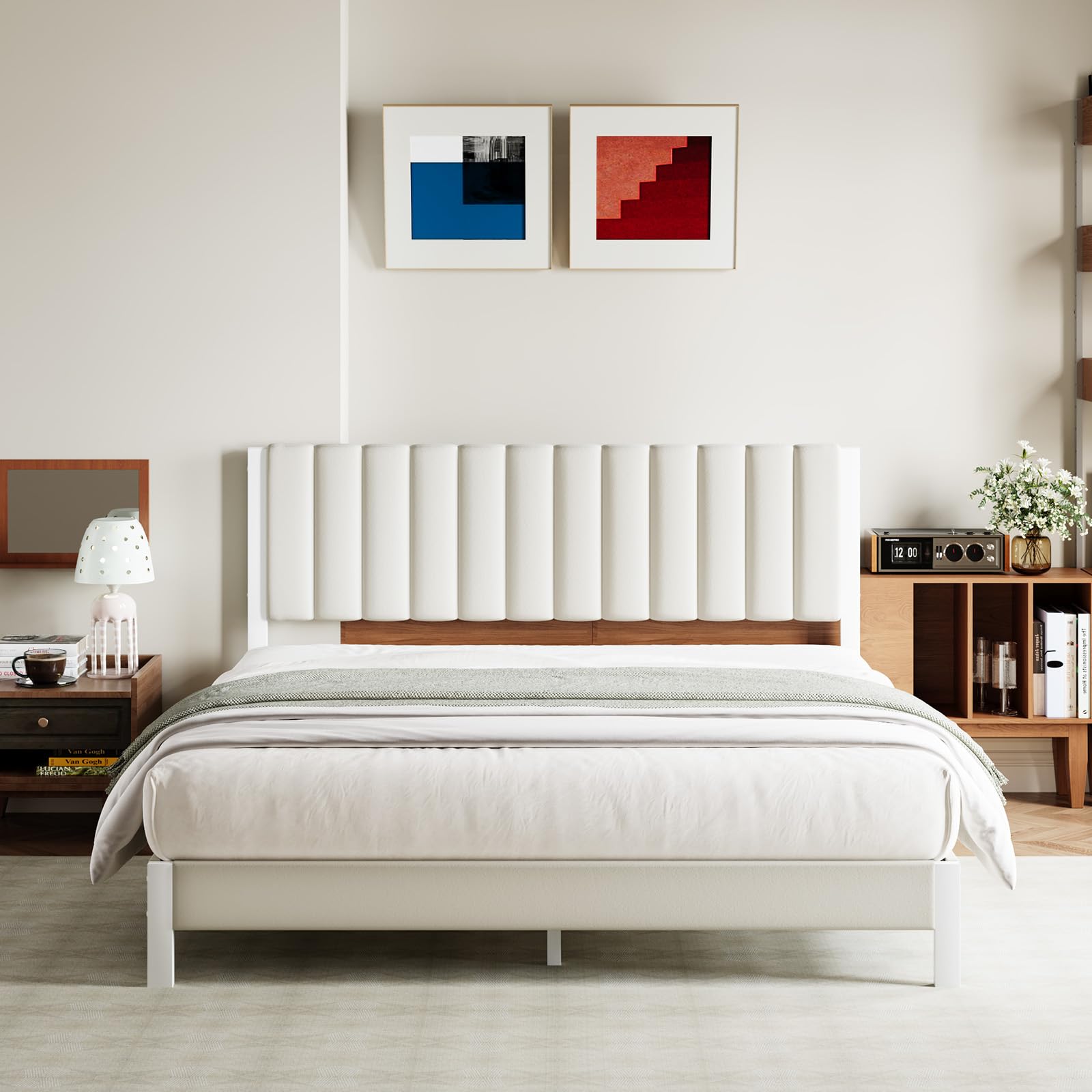 Avenco King Size Bed Frame with Velvet Upholstered Piano Keys Headboard Metal Bed Frame Platform Design with Metal