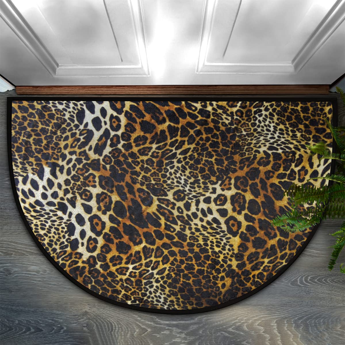 Wild Animal Leopard Skin Half Round Doormat Leopard Print Semi Circle Area Rug Non Slip Indoor Entrance Half Moon Rug Absorbent Washable Front Floor Mat for Kitchen Bedroom Patio Fireplace