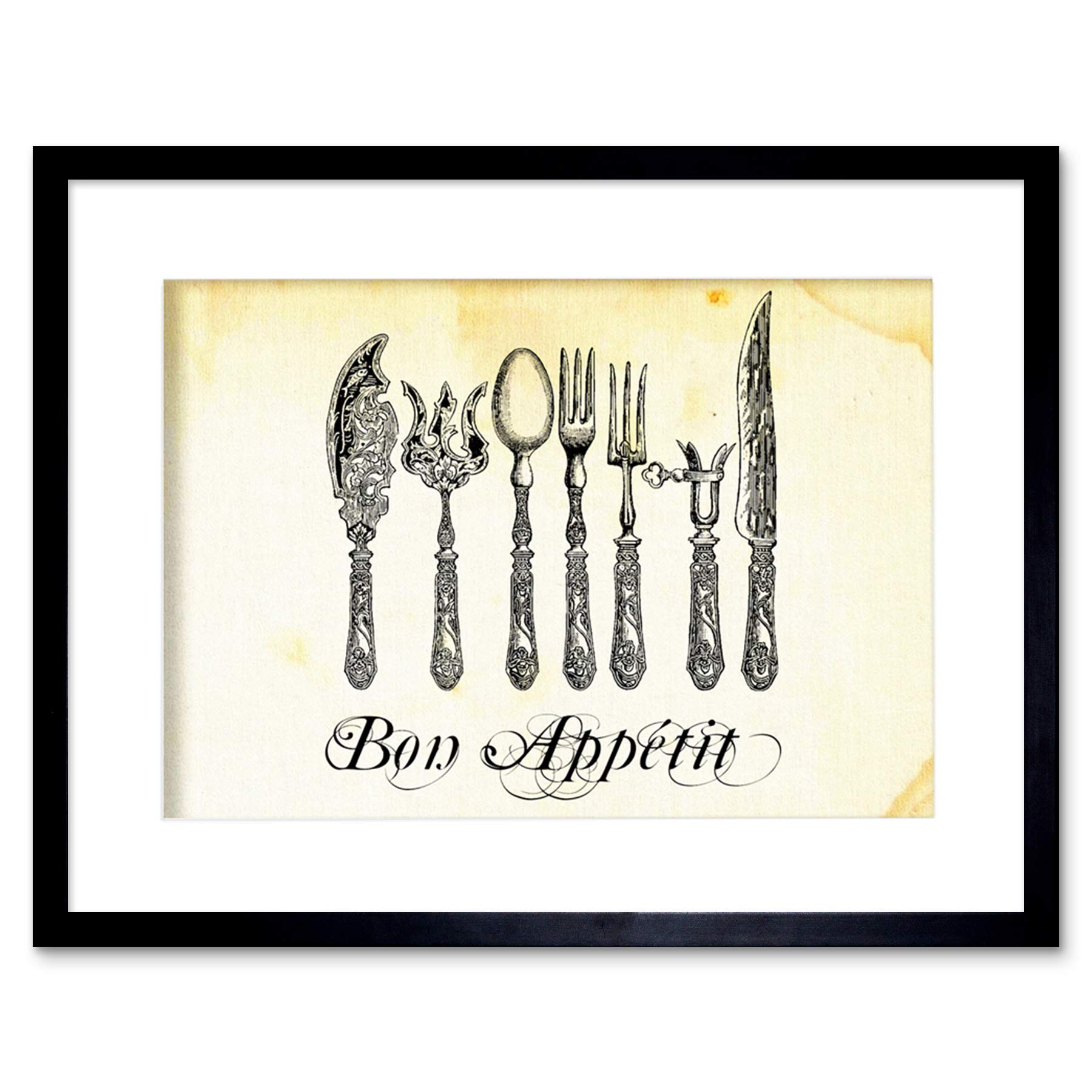 Wee Blue Coo Food Drink Graphic Cutlery Silver Bon Appetit Fork Knife Framed Wall Art Print