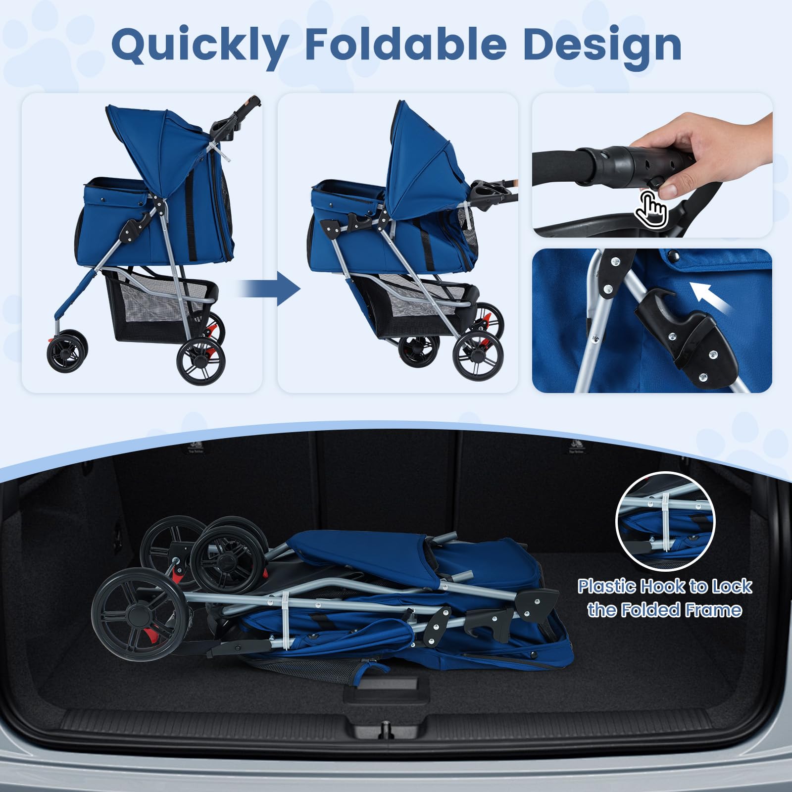 FANTASK Haustierwagen klappbar, Hundebuggy 3 Rad bis 15 kg mit verstellbarem Sonnendach & Polster, Katzenbuggy mit Netzfenstern Griff Korb für Hunde Katzen, Blau