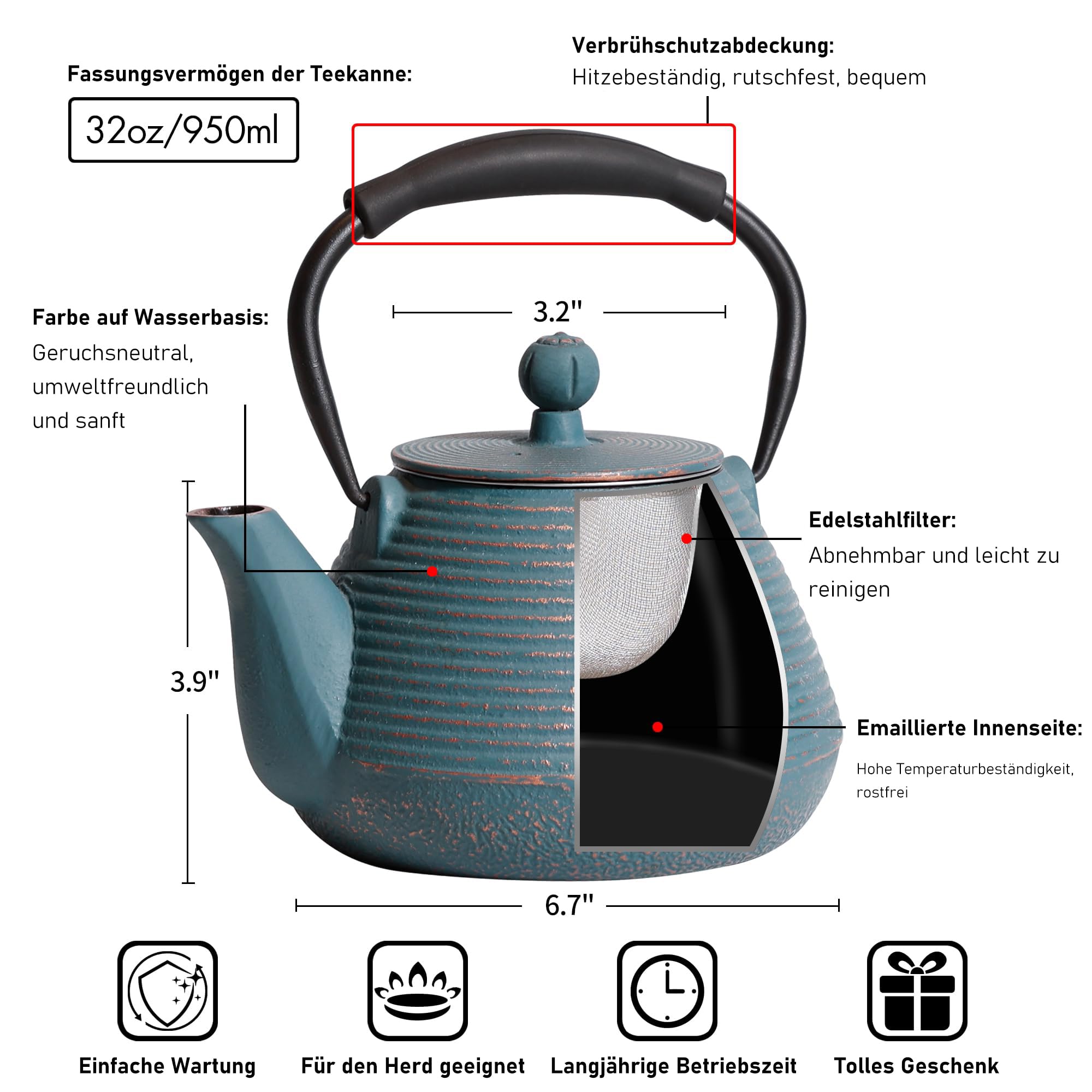 Teiera in ghisa, 950 ml, bollitore per tè e caffè, cassaforte con infusore per tè e caffè, teiera giapponese fatta a mano rivestita con interno smaltato, manico in silicone, 950 ml, blu