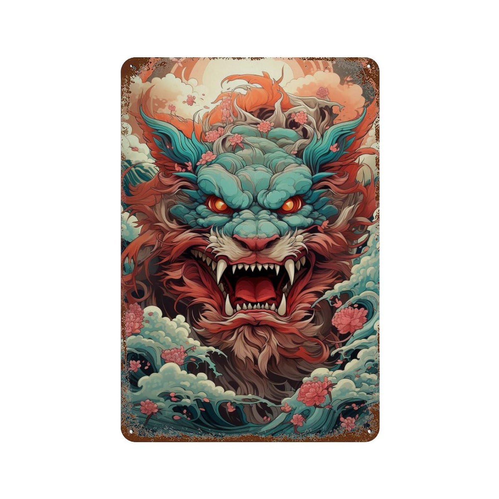 Garage Style Dragon's Roar Mythical Artwork Vintage Rust Metal Sign 11.8"x7.9", Novelty Wall Decor for Bar And Workshop