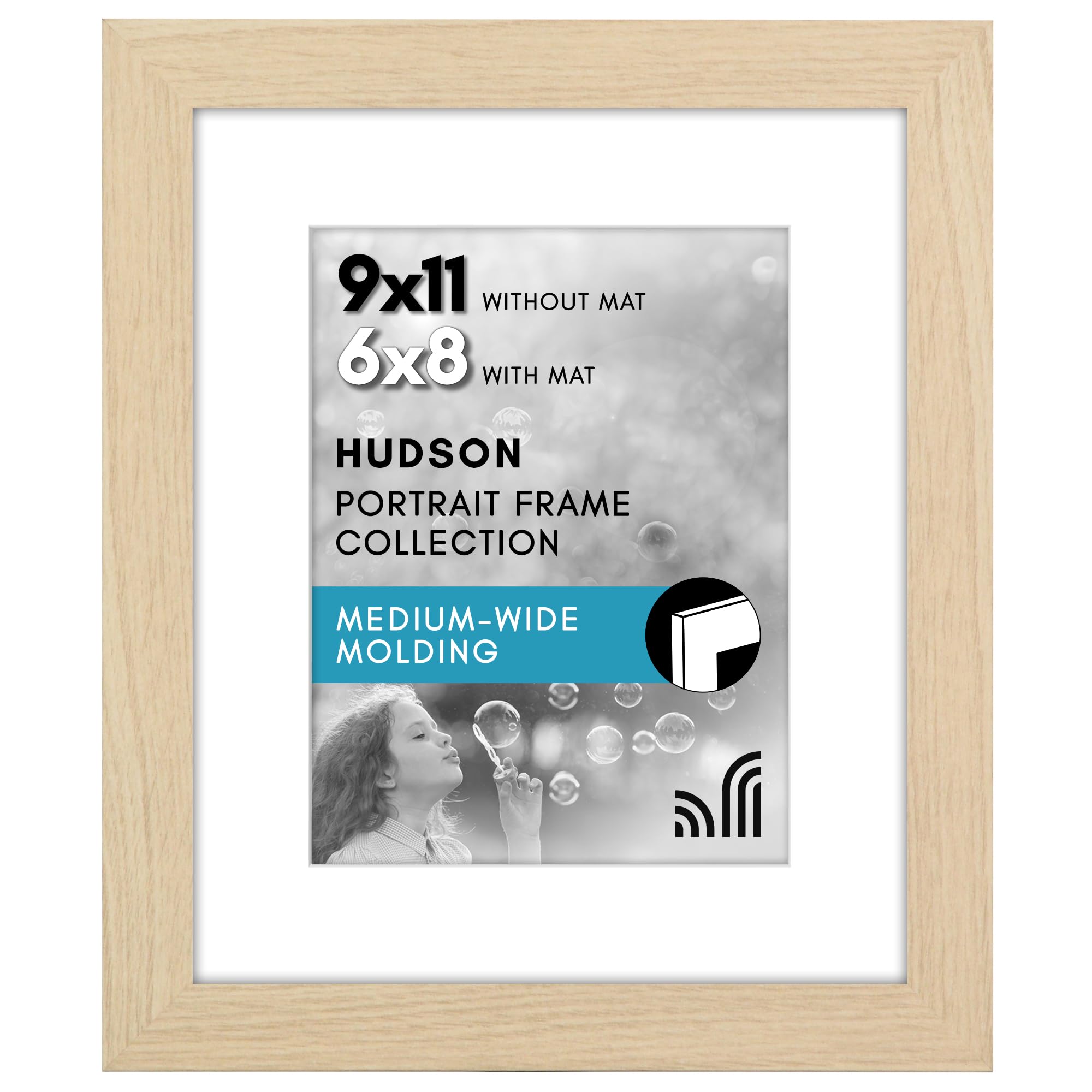 Americanflat 9x11 Picture Frame with Shatter-Resistant Glass - Use as 6x8 Frame with Mat or Display 9x11 Photo Without Mat - Hudson Collection - Wide Picture Frames for Tabletop and Wall - Natural Oak