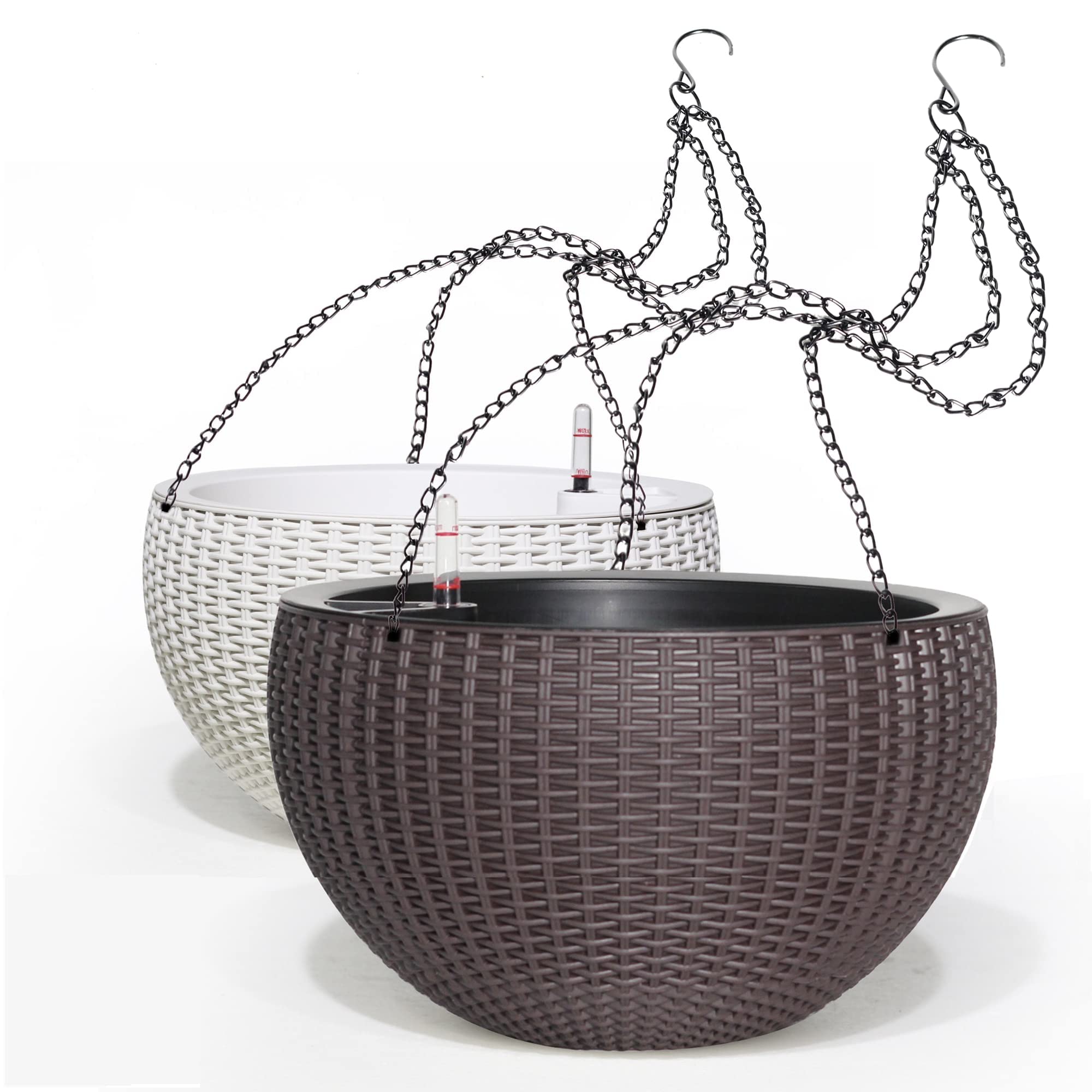 Dexceder 13.5 Inch Large Self Watering Hanging Planters Indoor Outdoor, Thickened Hanging Basket Flower Plant Pot with Water Level Indicator (Brown & White)
