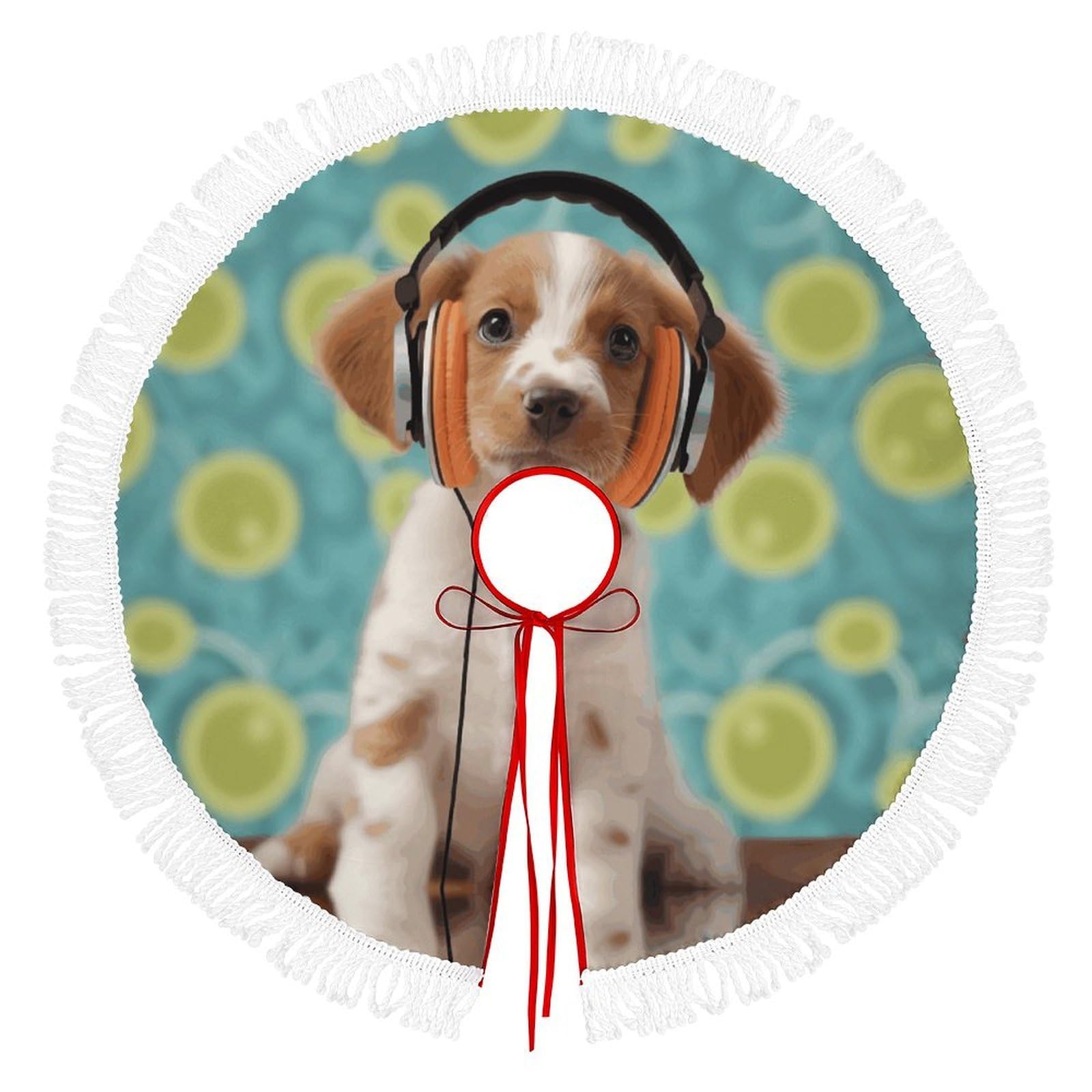 Puppy with Headphones Christmas Tree Skirt Fashion Waterproof Trees Skirt Vintage Tree Skirts Farmhouse Decor Xmas Holiday Home Party Decorations