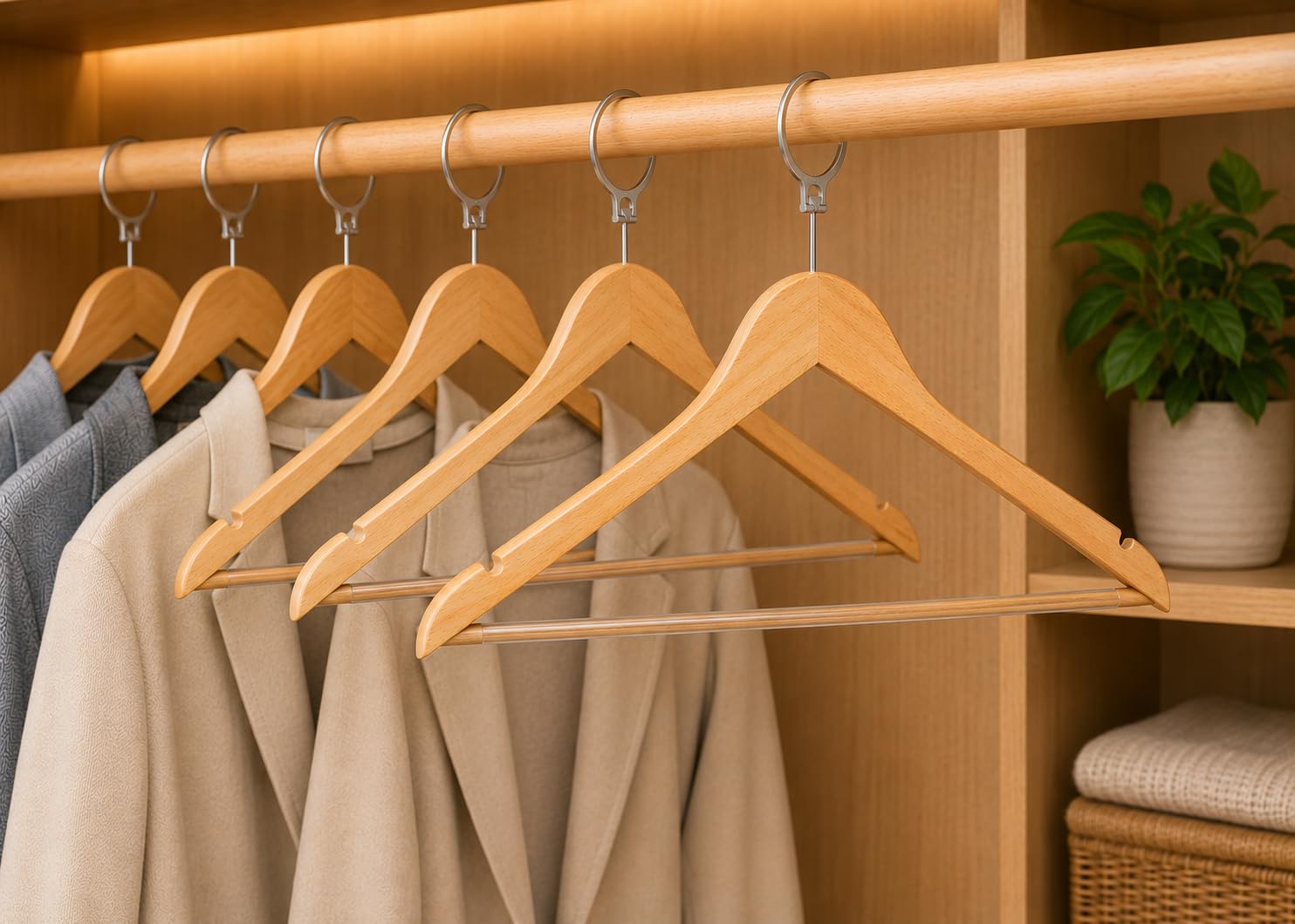 Paquete de 100 perchas antirrobo para hoteles, de madera maciza – Perchas profesionales con anillo de seguridad y barra de pantalones antideslizante para hoteles, B & B y residencias, natural