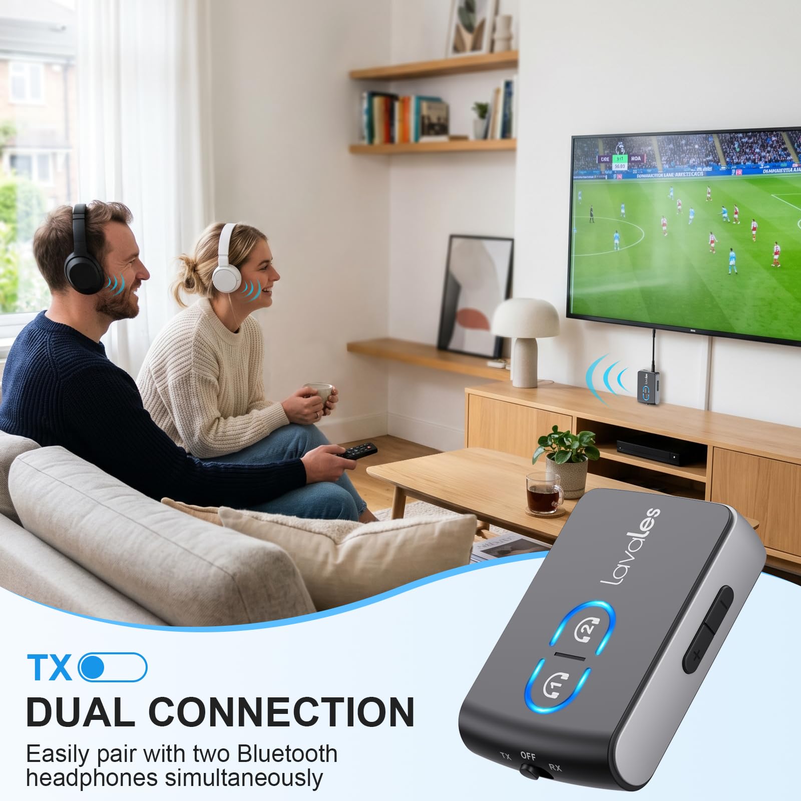 Receptor transmisor Bluetooth 5.3 para TV a auriculares inalámbricos, doble enlace aptX adaptable/LL/HD audio, adaptador AUX Bluetooth 2 en 1 para estéreo doméstico, barco, gimnasio, MP3
