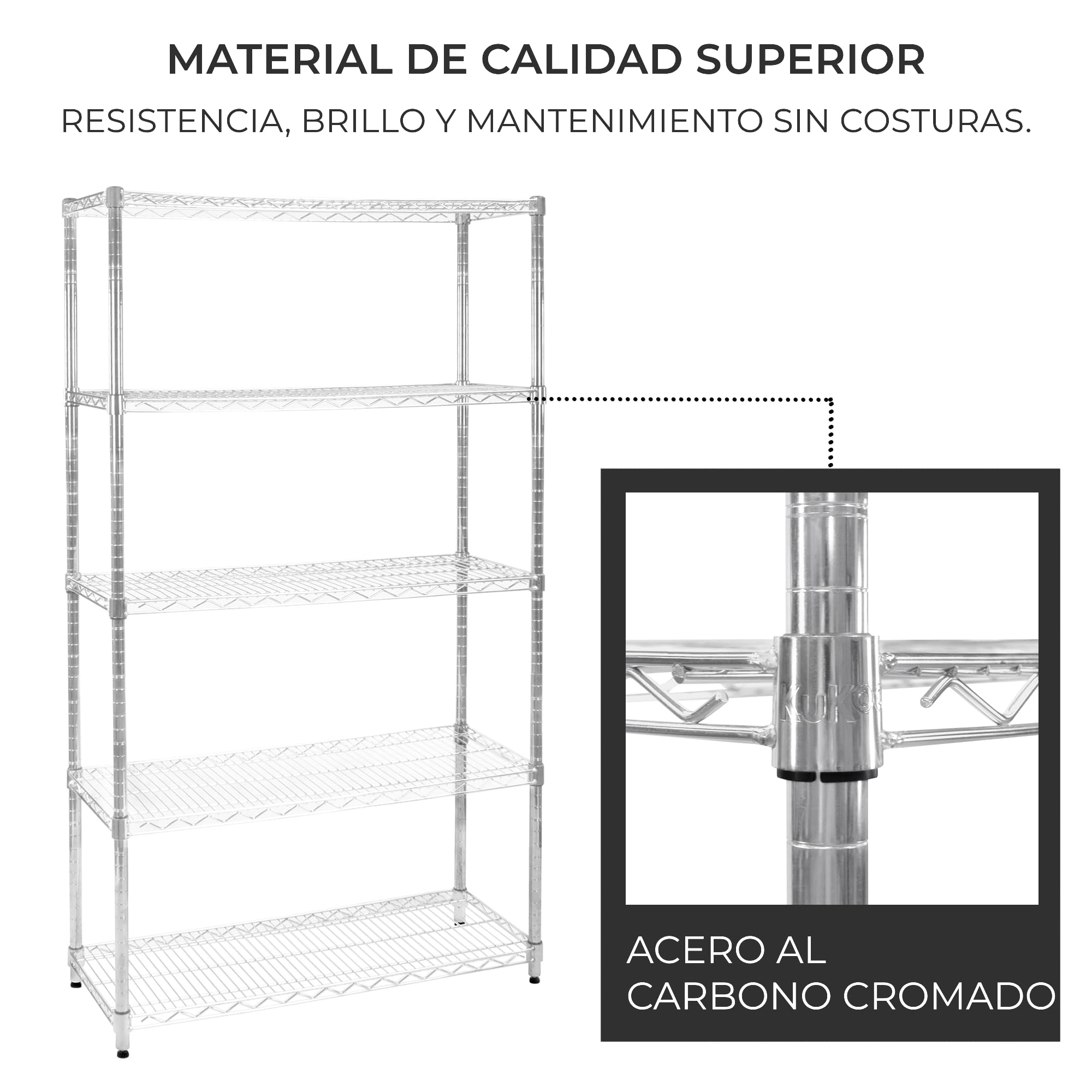 Estantería de Alambre 5 Niveles sin Tornillos Almacenaje Almacenamiento Metálico Acero Carbono Cromado Cocina Oficina Garaje 45x120x180cm con Estantes Ajustables Pies Niveladores Capacidad Peso 1000kg