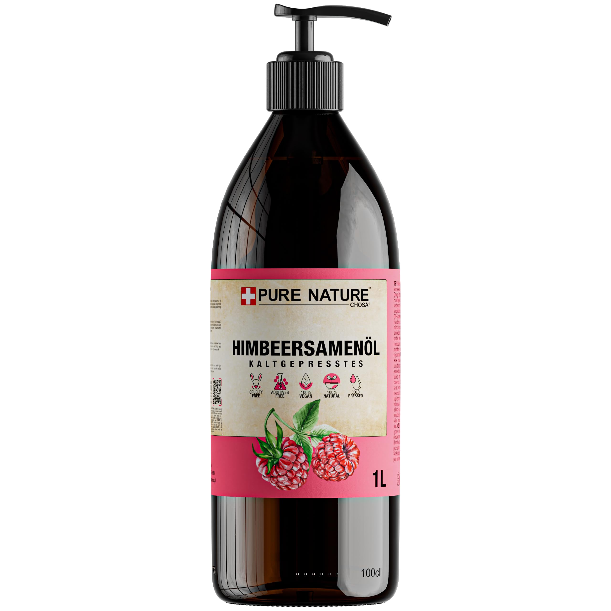PURE CHEMICAL - Bio Himbeersamenöl - Kaltgepresstes - 100% Reines Himbeerkernöl - Unraffiniertes Öl 1000ml mit Spender - Natürliche Haut - Haarpflege (1L + Spender)