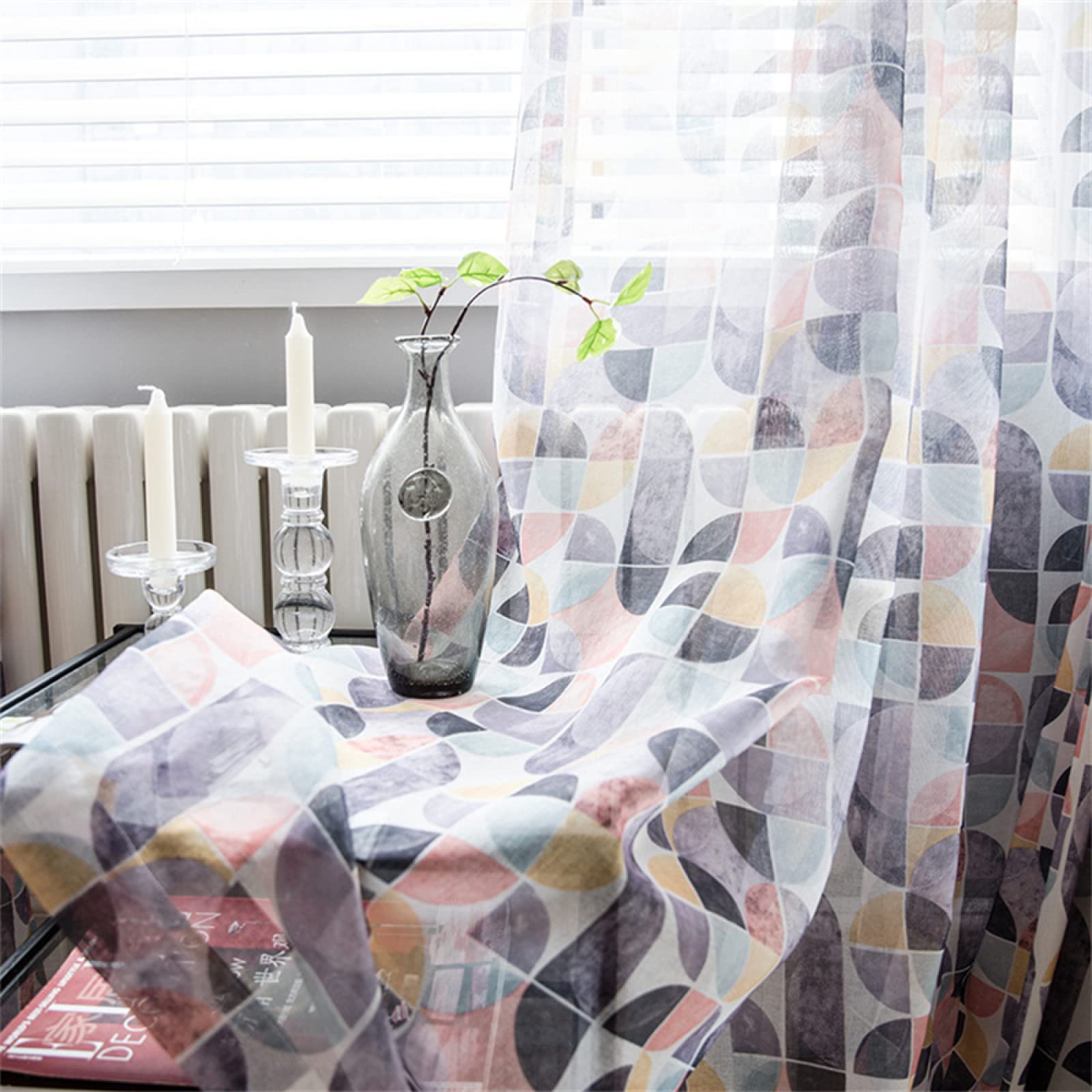 2 Pièces Rideaux Voilage Géométrie de Couleur Voilages Intérieurs à Broderie, Imprimé Floral Semi-Transparent Voile à Oeillets Rideau Décoration Tamisante de Salon Cuisine Chambre 2x170x240CM