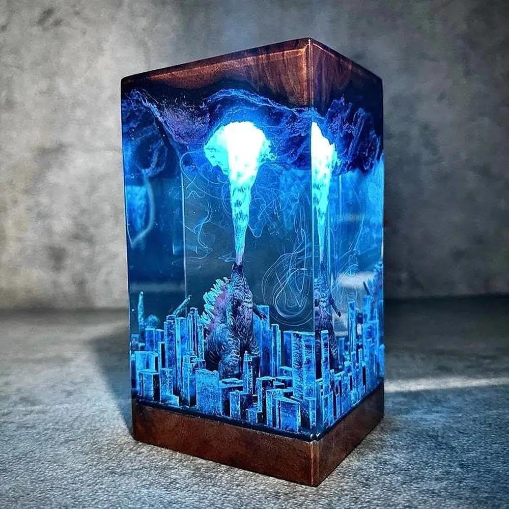 Godzilla lampka nocna z żywicy epoksydowej 3D, figurki Godzilli z żywicy z kablem USB, lampka nocna Monster z pilotem 16 kolorów, wielokolorowa lampka nocna LED, dekoracja biurka, prezent (styl