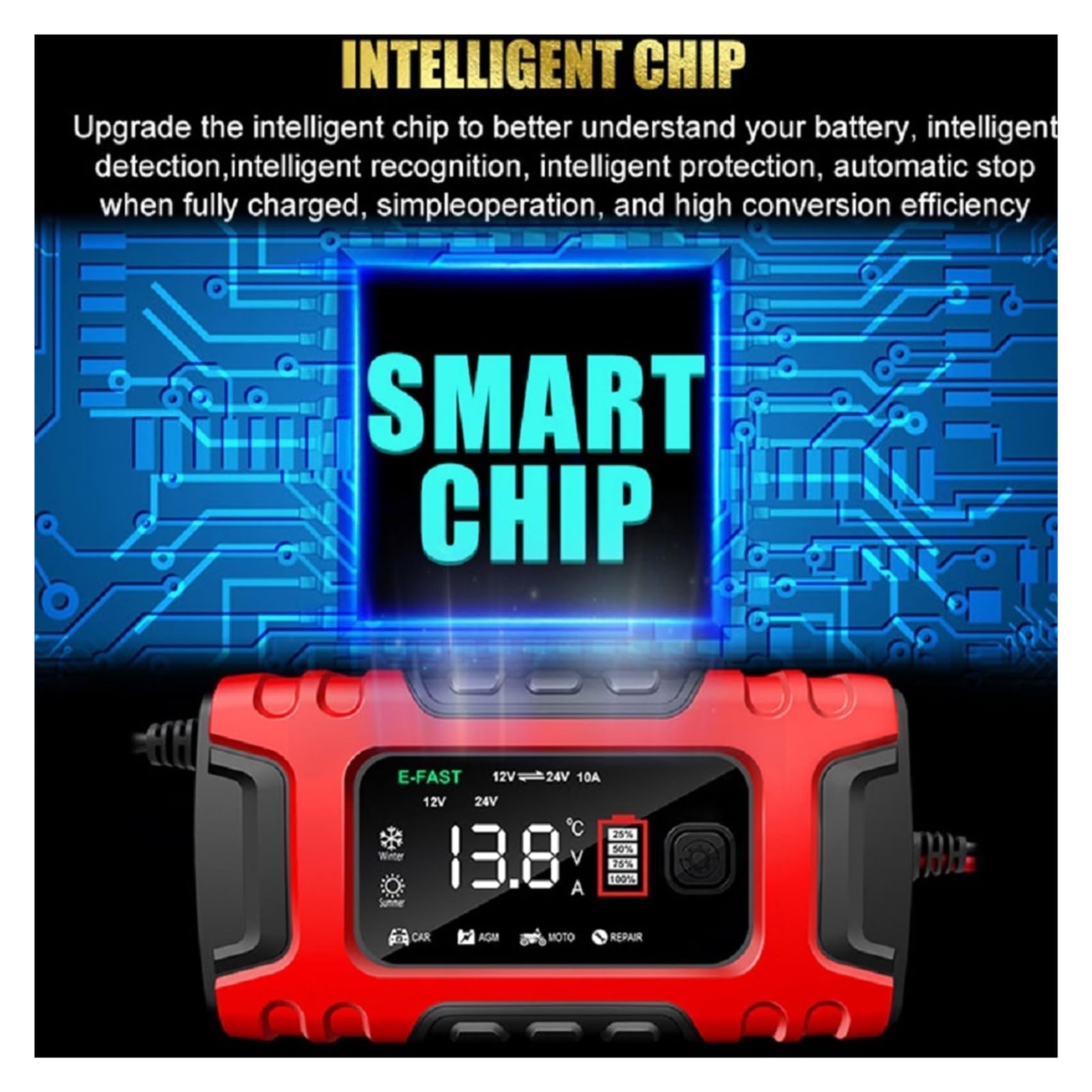 Cargador De Batería Coche Inteligente 7 Etapas 12V-24V, Digital 10A Completamente Automático, Reparación Pulso For Ácido Plomo Carga De PrecisióN(Yellow)