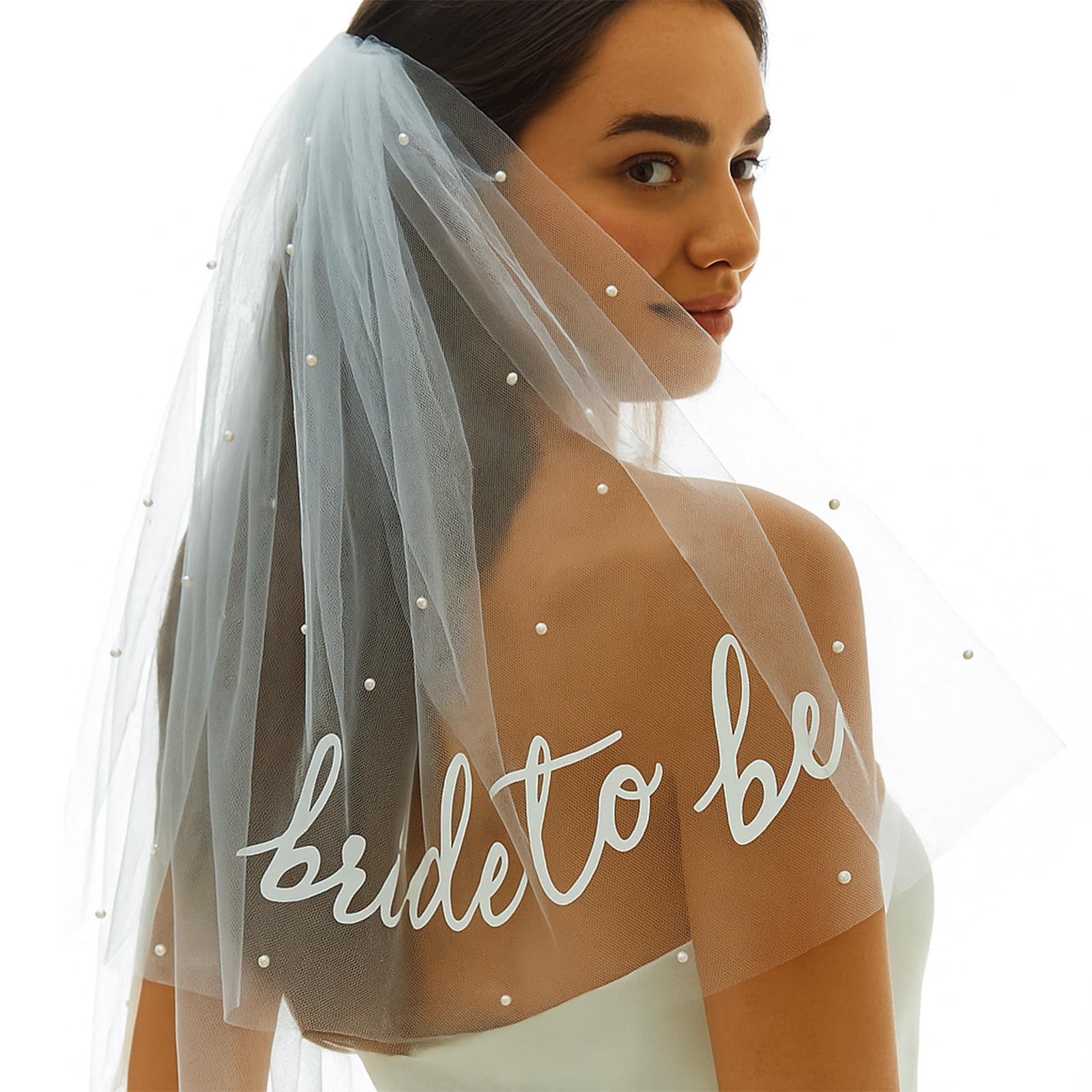 Veil for Bride, Bride to Be Veil – White Tulle Bridal Veil with Pearls & Hair Comb, Bachelorette Party Accessories Bridal Shower Decor Engagement Gift for Bride-to-Be-image-0