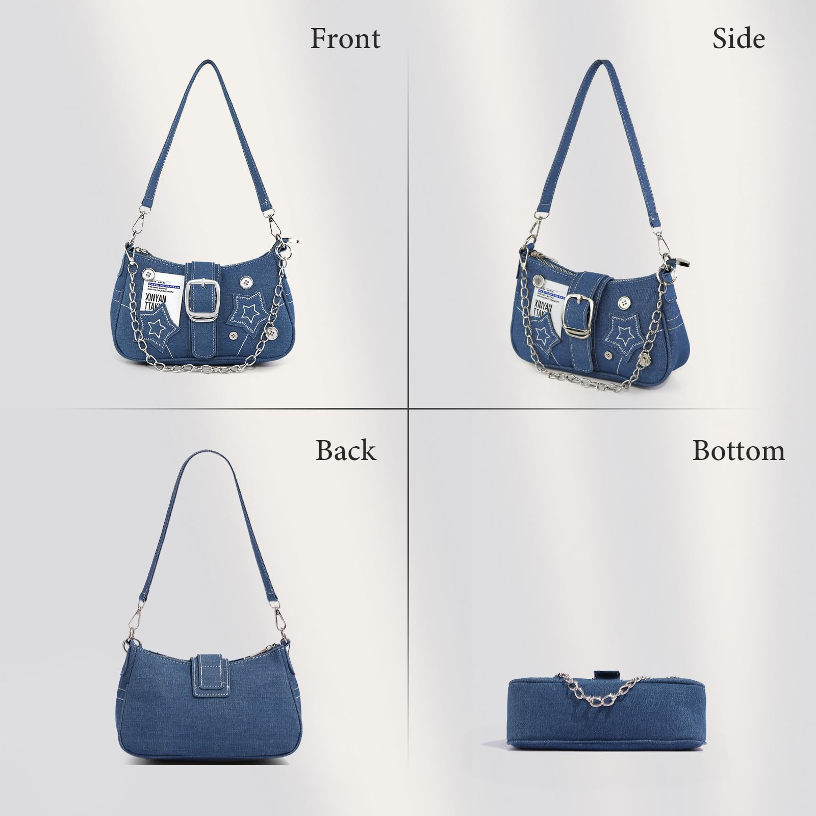 AfitLulu Klein Umhängetasche Damen Denim Schultertasche mit Handkette und Abnehmbarem Schultergurt, Kleine Y2k Fashion Unterarmtasche Hobo Bag mit Reißverschluss