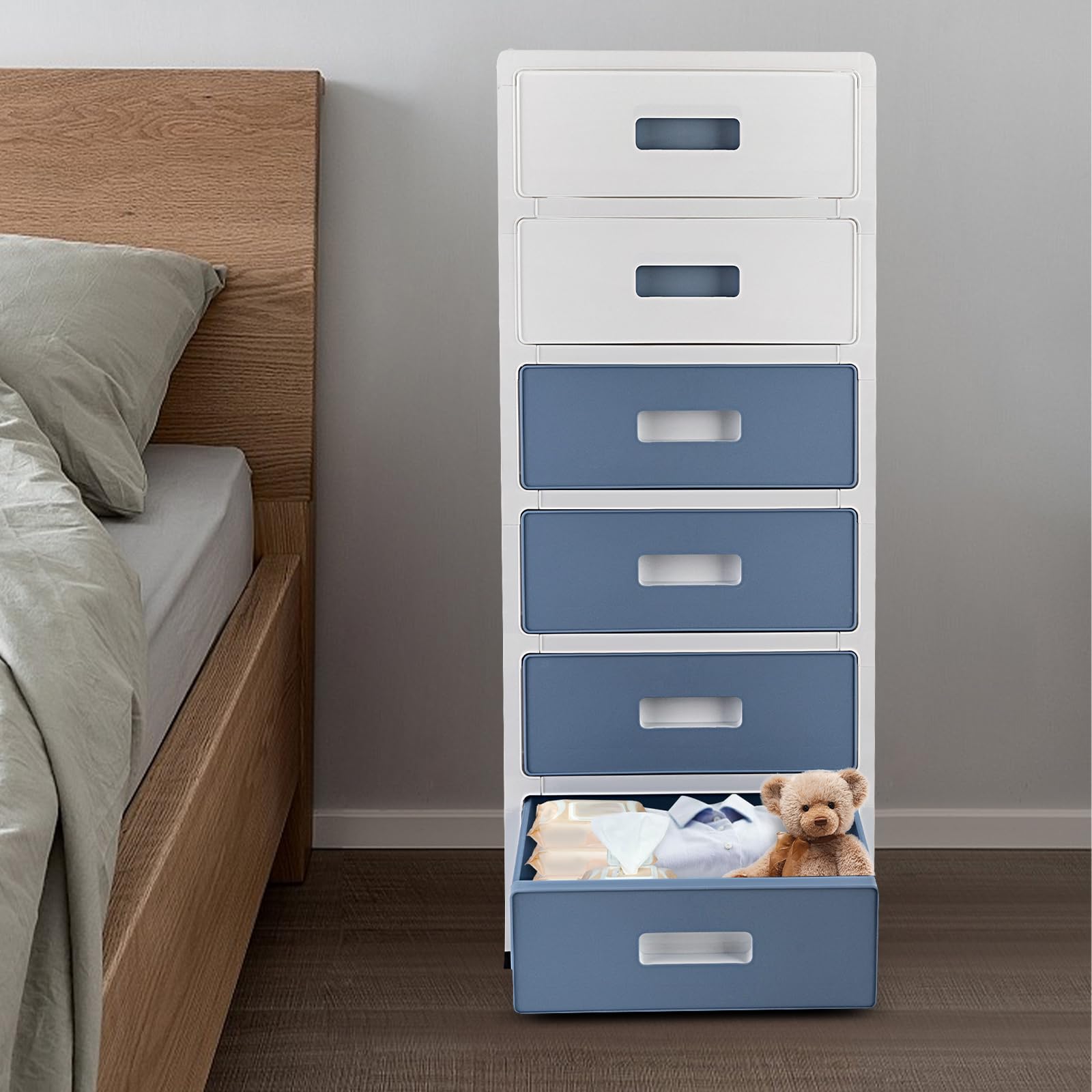 Cassettiera a 6 ripiani, in plastica con ruote, con cassetti, organizer da scrivania, 35 x 26 x 83,5 cm, sistema di stoccaggio in plastica, colore: blu/bianco
