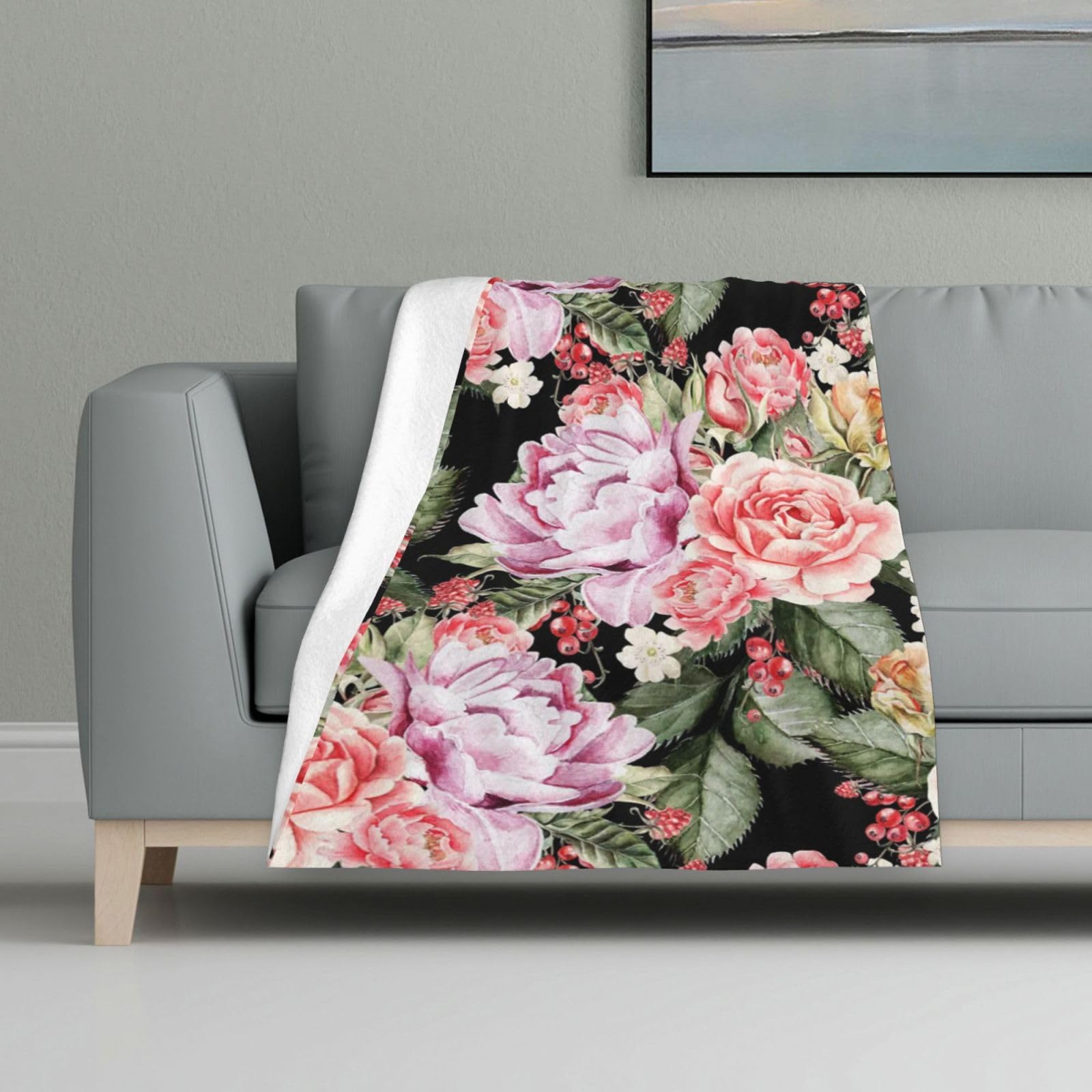 Inomak Unisex As Picture Peony Flowers Rose Printing,Soft Blanket Warm Anti-Pilling Flannel Plush Throw Blanket 81 X 122 Cm