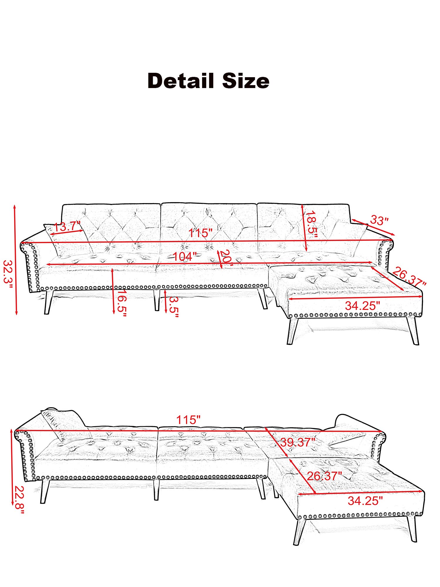 Buy Black Sectional Sofa Sleeper Bed,JULYFOX 900 LB Heavy Duty 115 inch