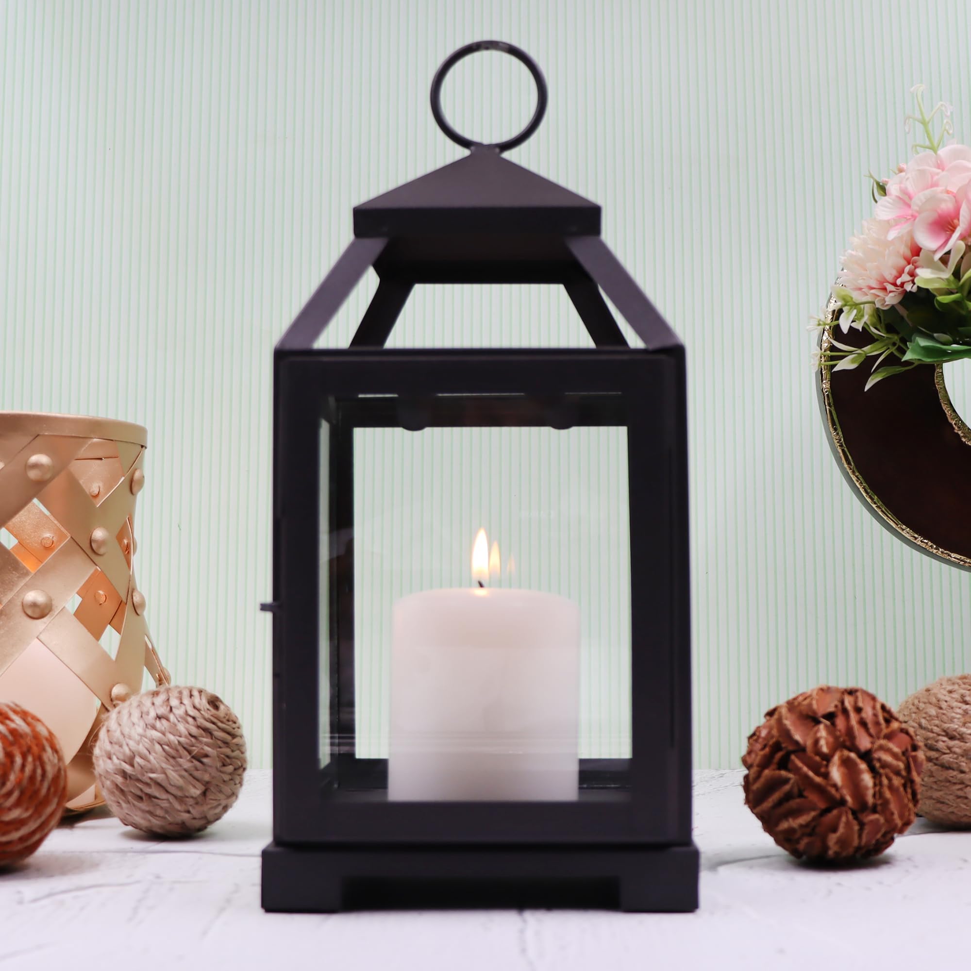 HOSLEY Classic Style Glass Iron Lantern with One Pillar Candle|Black Iron Hanging Lantern|Lantern for Home Decoration|Candle Holders for Home Decor|Pack of 1 (12 Inch Long)