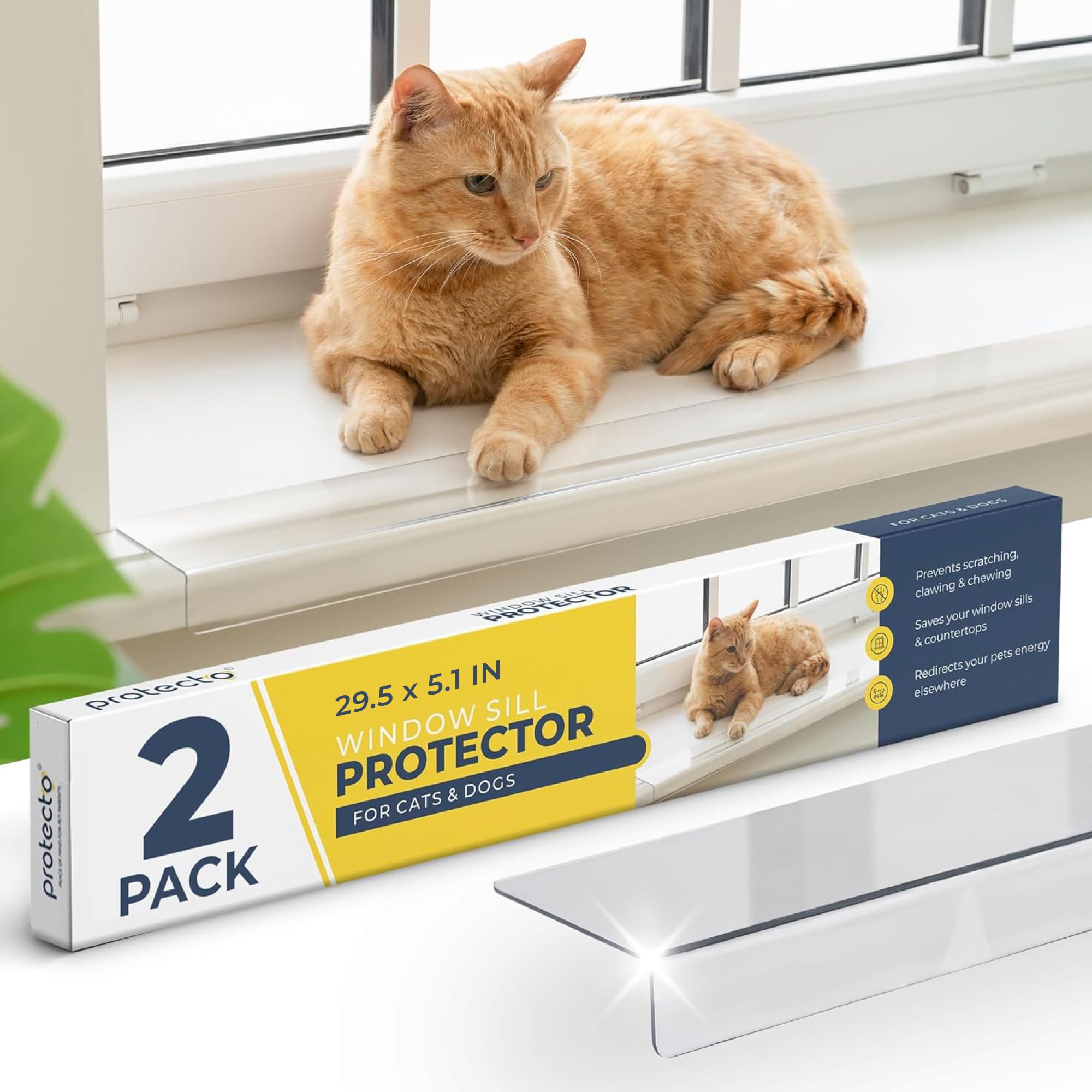 PROTECTO 2-Pack Window Sill Protector from Dogs 29.5 x 5.1 Clear Window Guards from Cats Scratching, Chewing & Clawing | Keep Your Sills Smooth & Paws