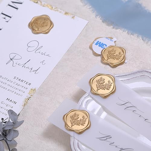 Miniatura 6 de UNIQOOO Pegatinas de sello de cera - Sobres de invitación de boda con sello de eucalipto, 100 piezas de pegatinas autoadhesivas metálicas de