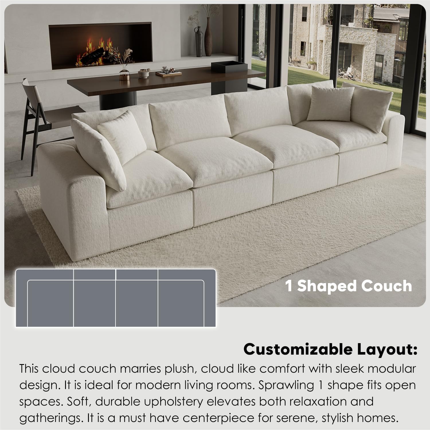 130" Oversized Cloud Couch, Modular L Shaped Sectional Sofa with Deep Seats, High Density Foam No Sag Support, No Assembly Required 4 Seater Washable Fabric Couch for Living Room, White - Image 15
