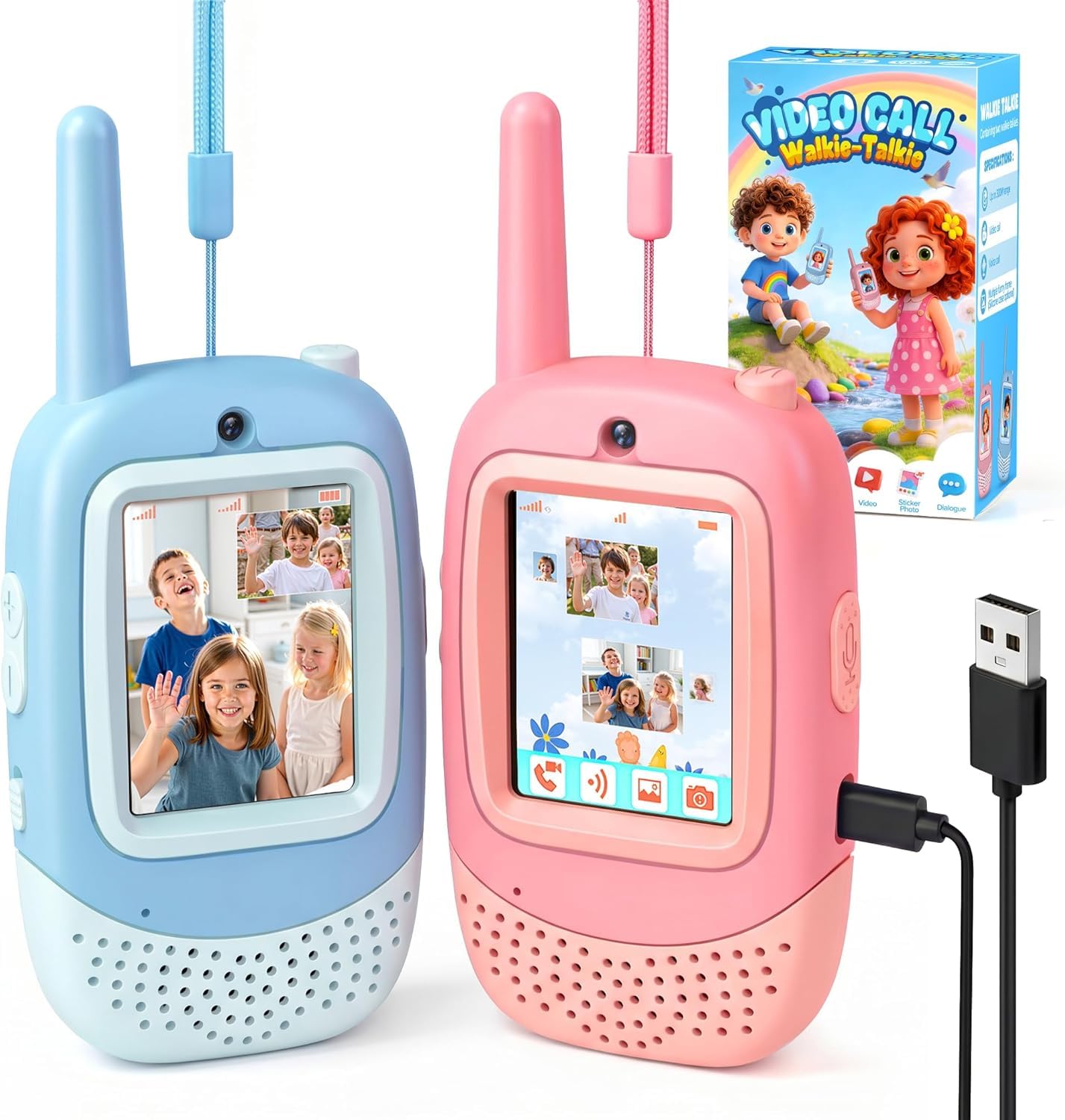 Video Walkie Talkie Kinder, Wiederaufladbares Funkgerät Spielzeug mit Kamera & Stimmenverzerrer, Outdoor Spielzeug Geschenke für Junge und Mädchen 3 4 5 6 7 8-12 Jahre (Blau & Pink)